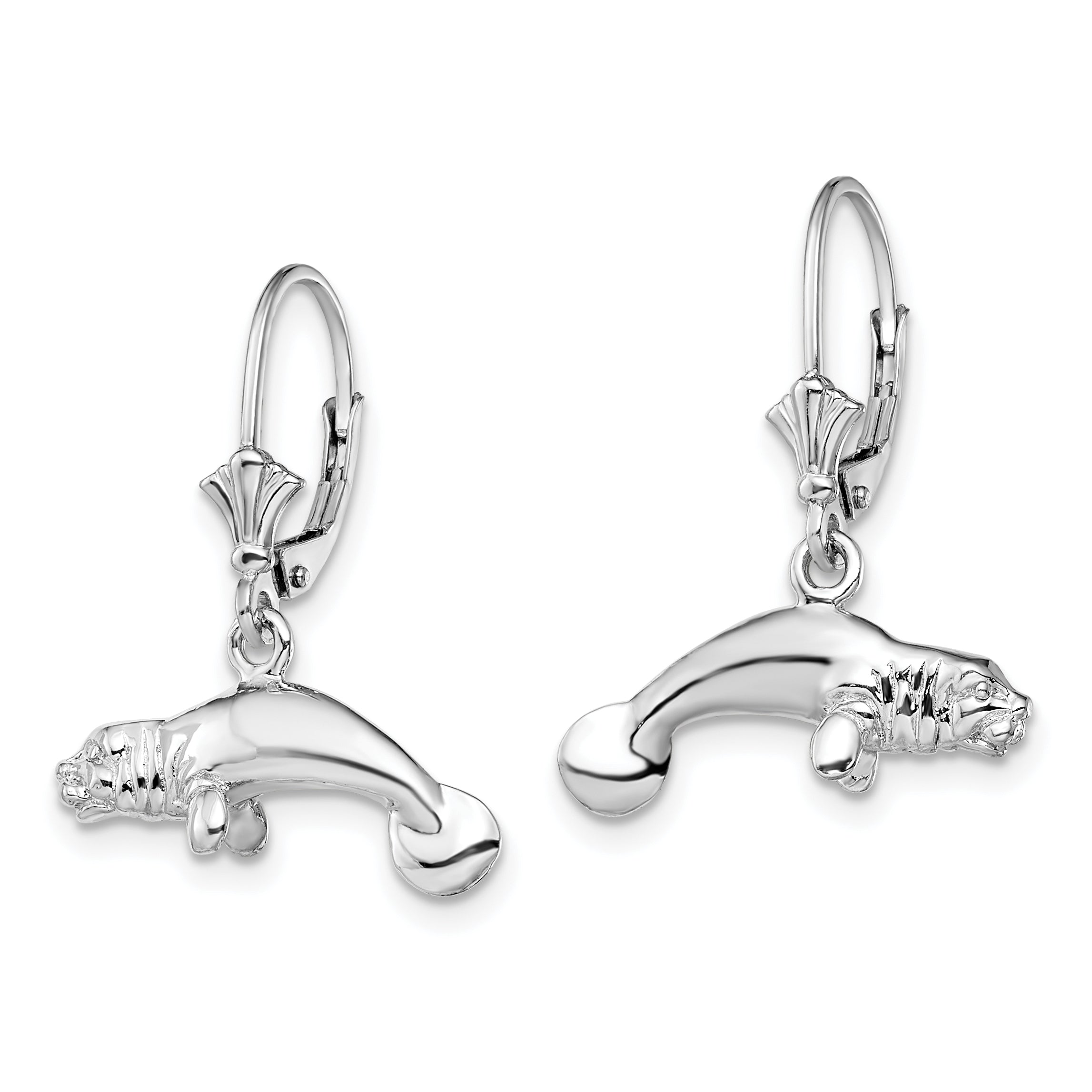 De-Ani Sterling Silver Rhodium-Plated Polished 3D Manatee Leverback Earrings