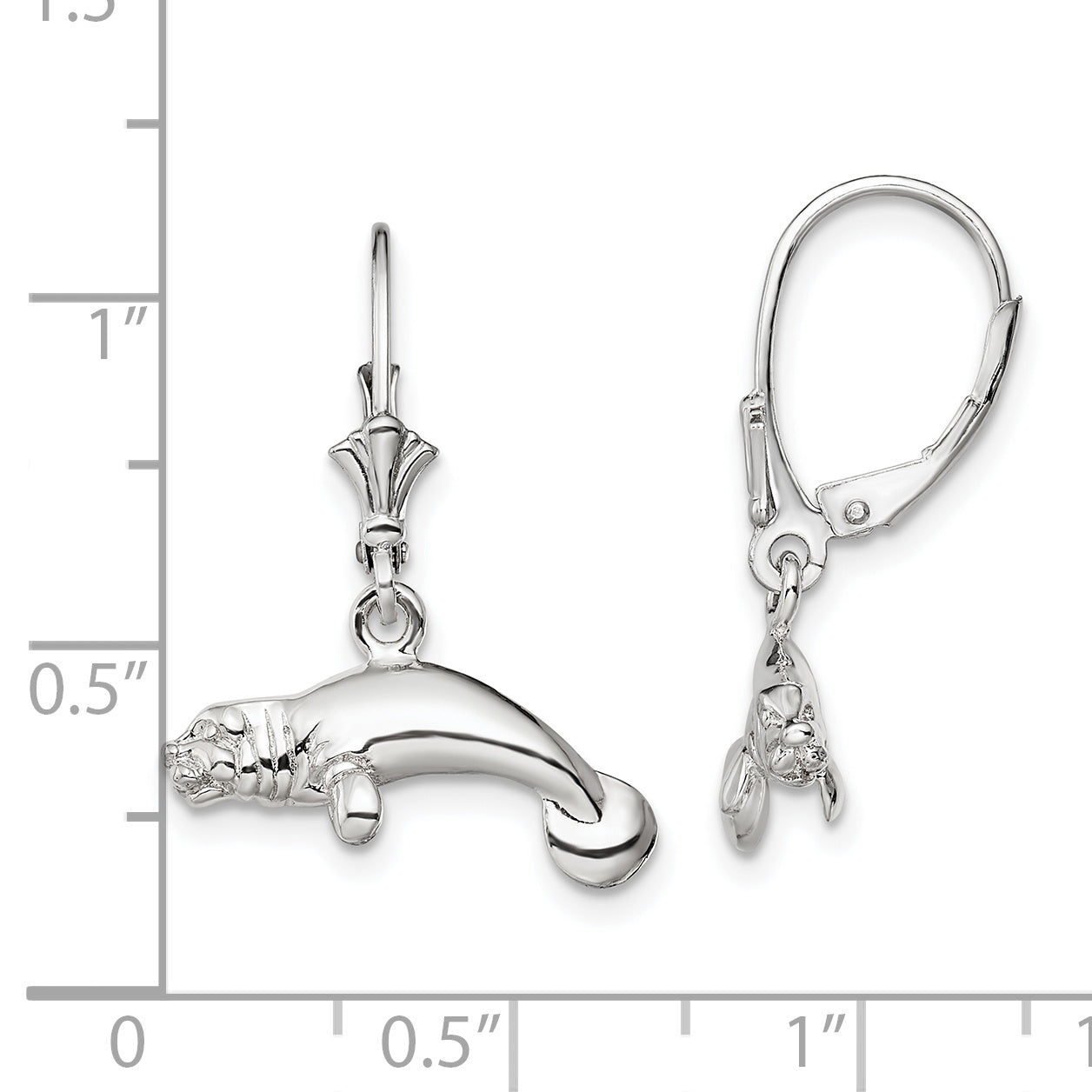 De-Ani Sterling Silver Rhodium-Plated Polished 3D Manatee Leverback Earrings