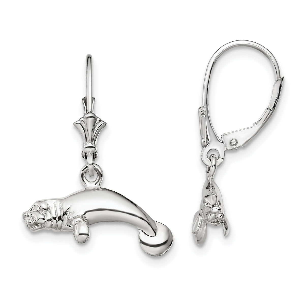 De-Ani Sterling Silver Rhodium-Plated Polished 3D Manatee Leverback Earrings