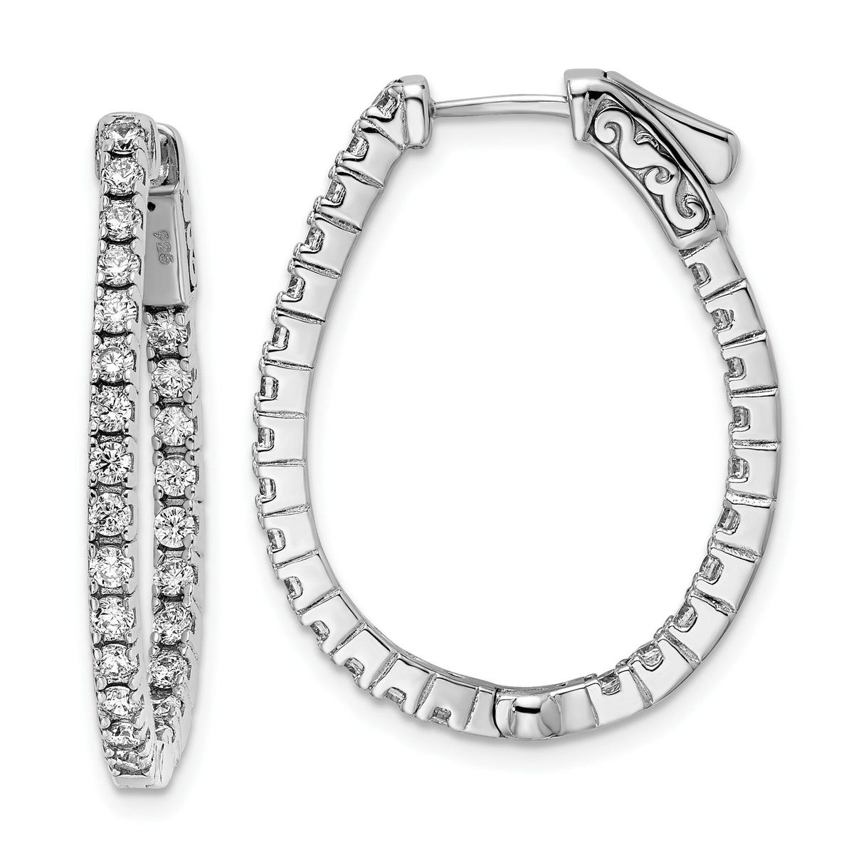 50-Stone Oval Cubic Zirconia Out Hoop Earrings in Sterling Silver, 30mm Hinged - Sophia Jewelers Main image