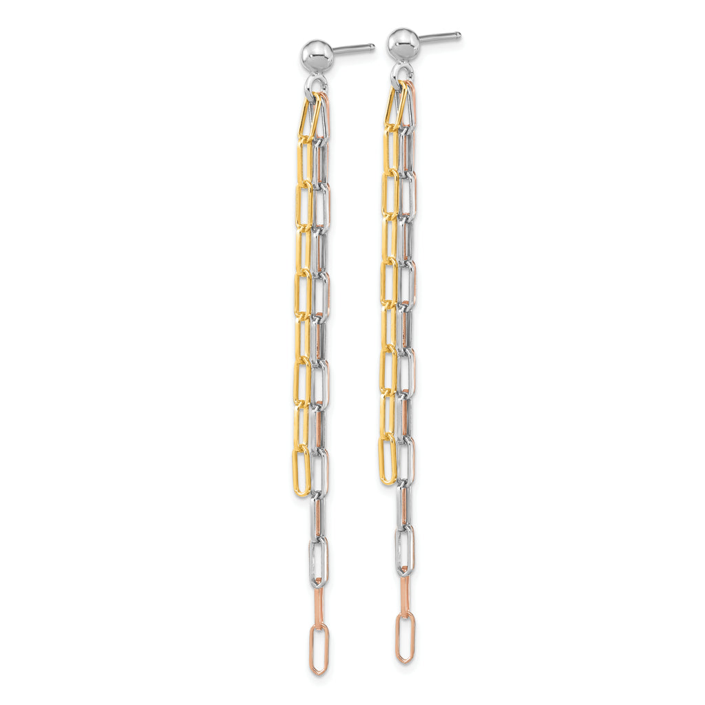 Sterling Silver RH-plate Rose & Yellow-tone Paperclip Link 3-strand Earri