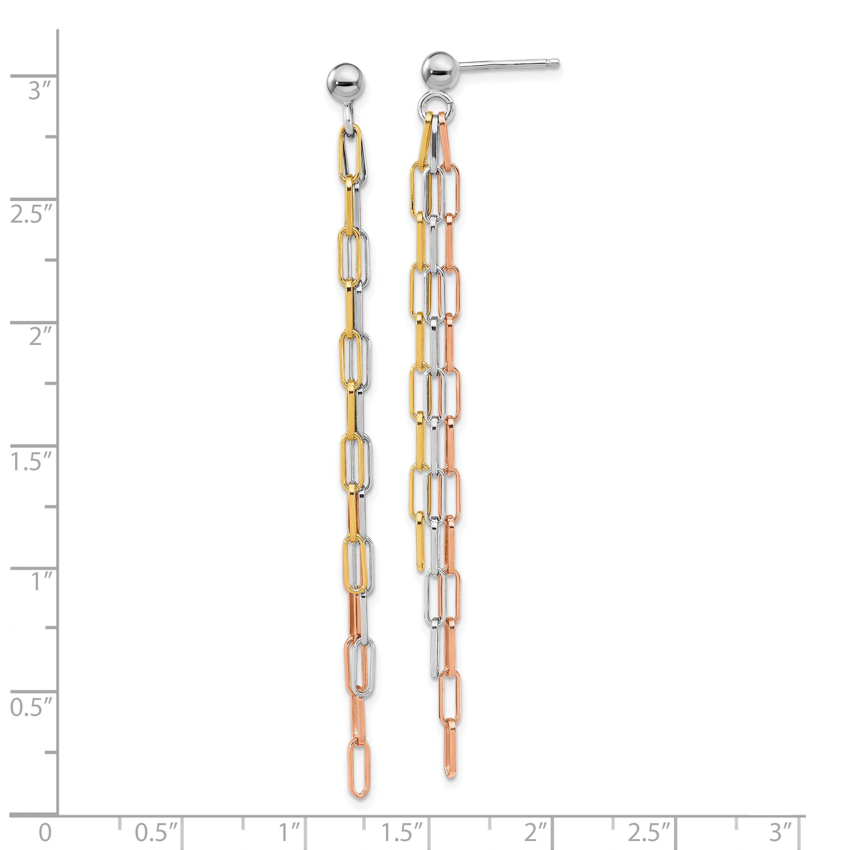 Sterling Silver RH-plate Rose & Yellow-tone Paperclip Link 3-strand Earri