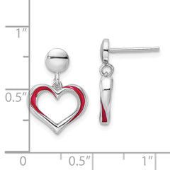 Sterling Silver Rhodium-plated Red Enamel Open Heart Dangle Earrings