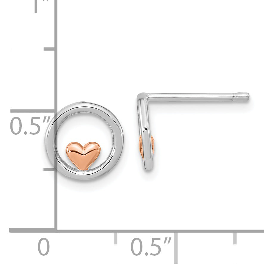 Sterling Silver RH-plated & Rose Gold-plated Circle w/Heart Post Earrings