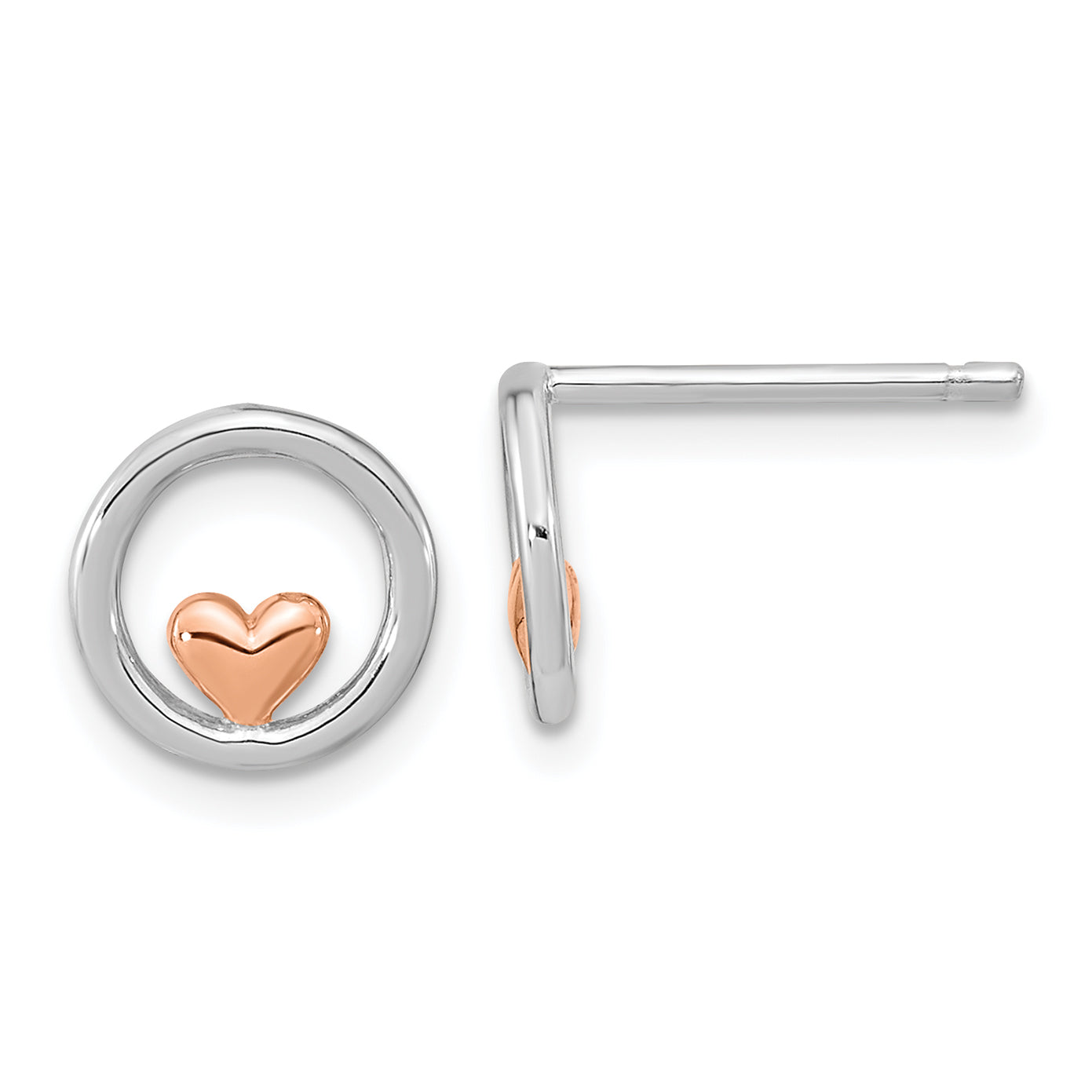 Sterling Silver RH-plated & Rose Gold-plated Circle w/Heart Post Earrings Main image