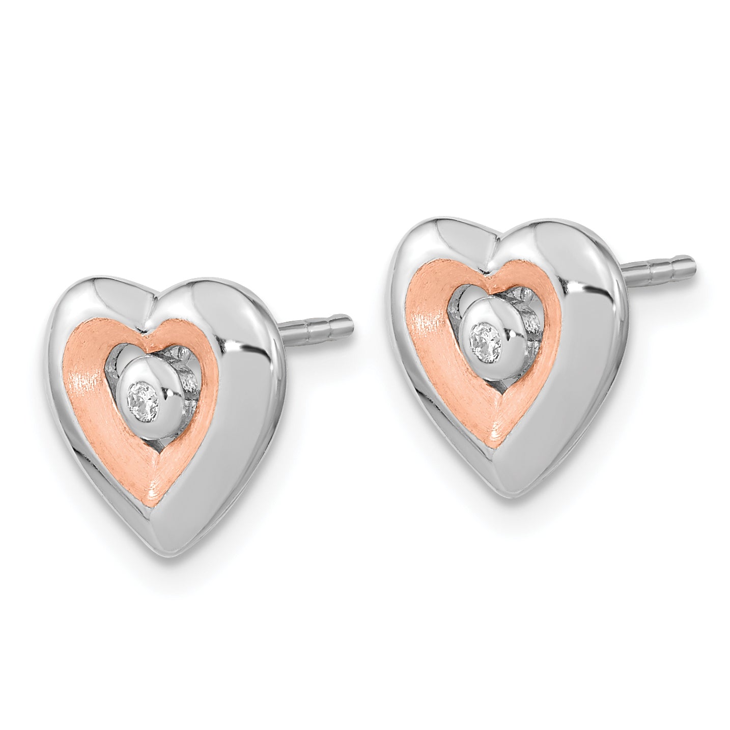 Sterling Silver RH-plated & Rose Gold-plated Diamond Heart Post Earrings Secondary image