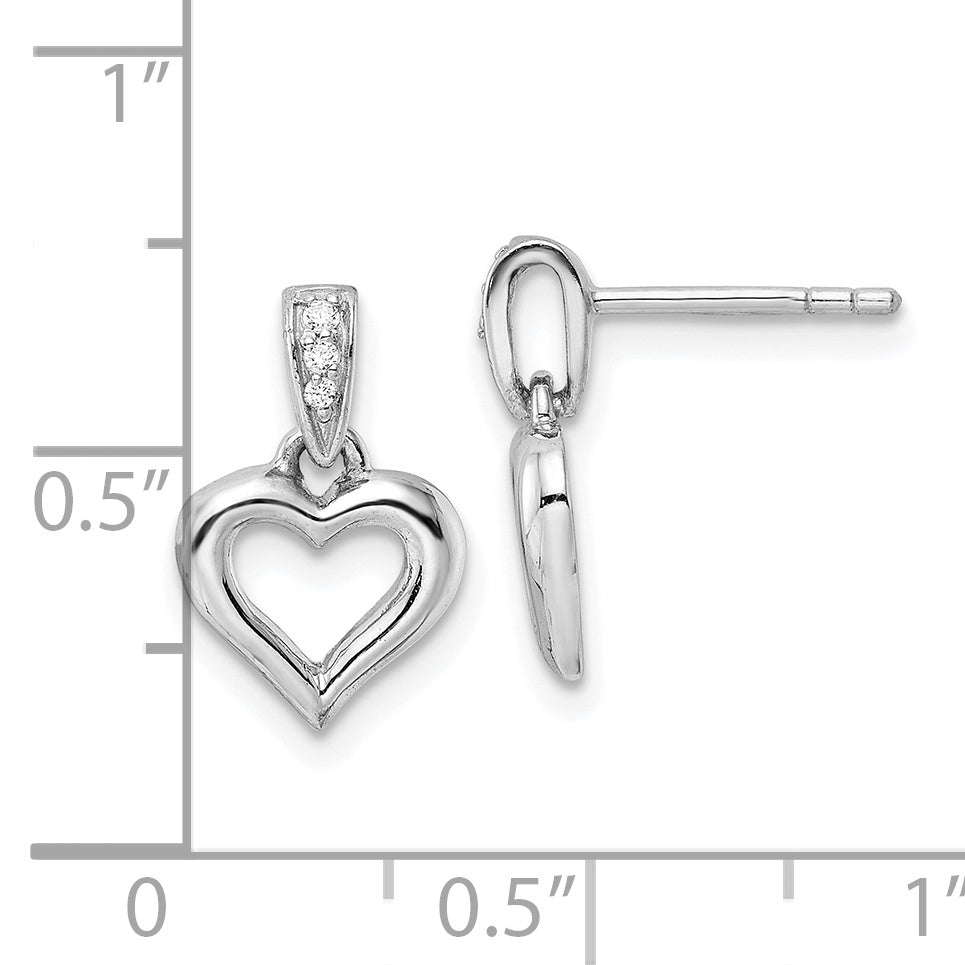 Sterling Silver RH Polished CZ Heart Post Dangle Earrings