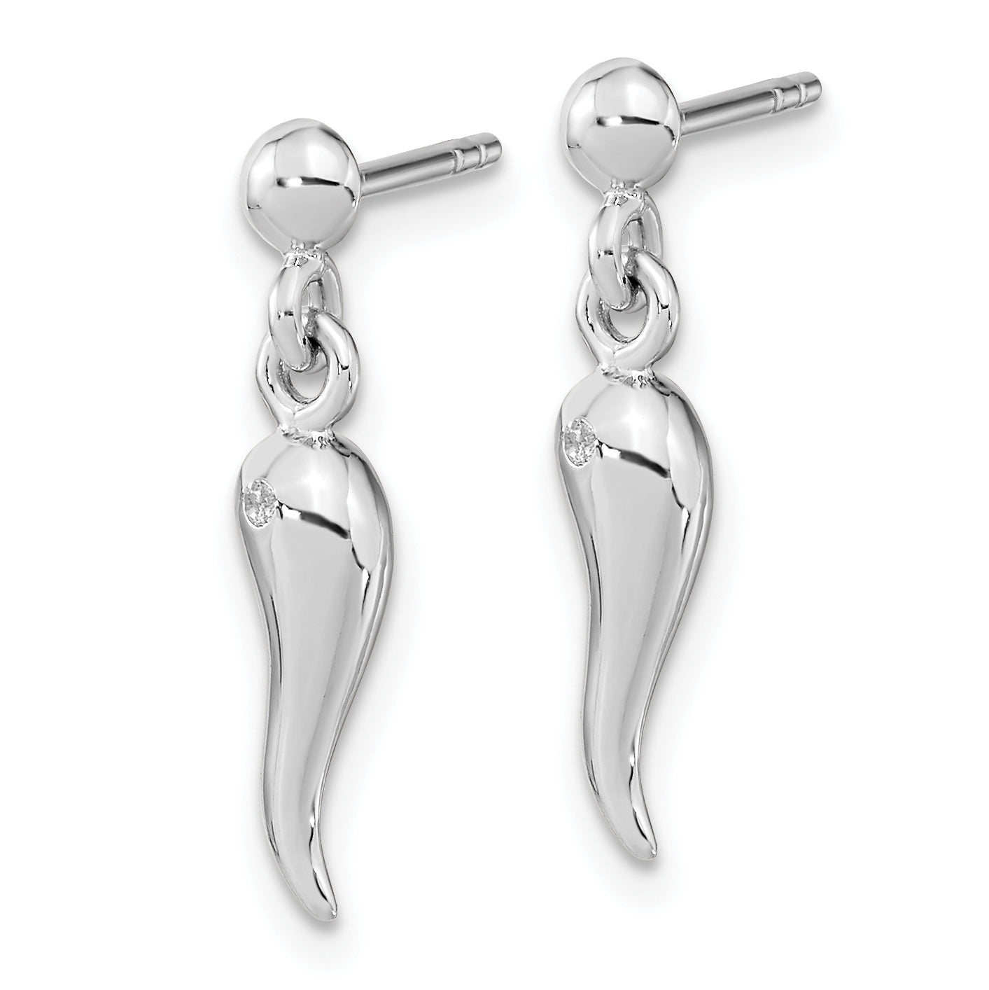 Sterling Silver RH-plated Polish CZ Italian Horn Dangle Post Earrings