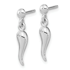 Sterling Silver RH-plated Polish CZ Italian Horn Dangle Post Earrings
