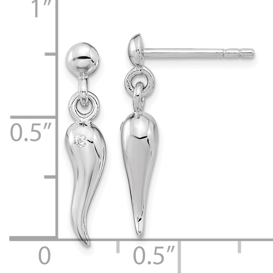 Sterling Silver RH-plated Polish CZ Italian Horn Dangle Post Earrings