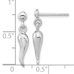 Sterling Silver RH-plated Polish CZ Italian Horn Dangle Post Earrings