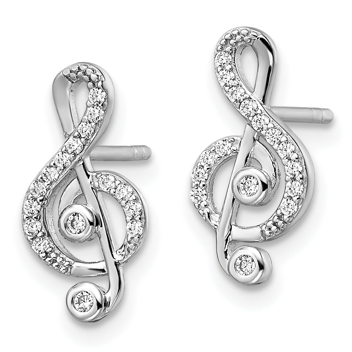 Sterling Silver Rhodium-plated CZ Treble Clef Post Earrings
