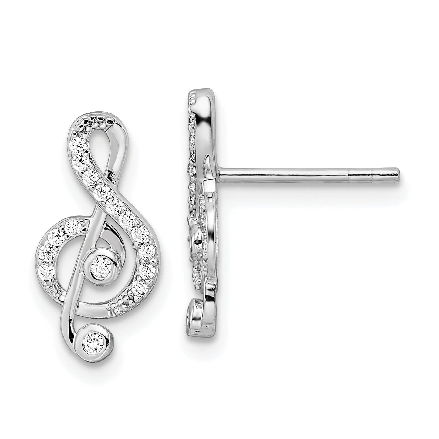 Sterling Silver Rhodium-plated CZ Treble Clef Post Earrings Main image