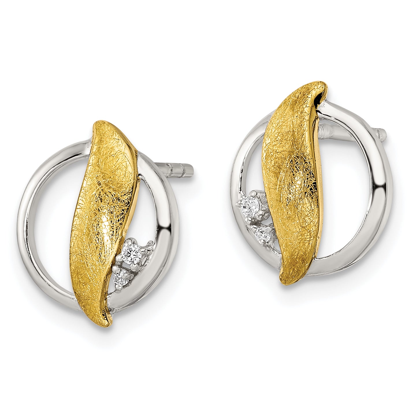 Sterling Silver Rh-pltd Gold-tone Polished/Brushed CZ Circle Post Earrings