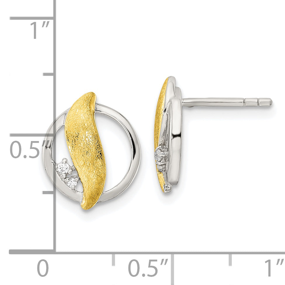Sterling Silver Rh-pltd Gold-tone Polished/Brushed CZ Circle Post Earrings