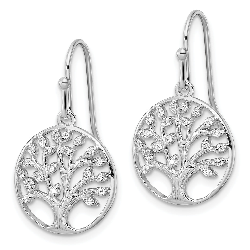 Sterling Silver Rhodium-plated Dangle Polished CZ Tree of Life Earrings