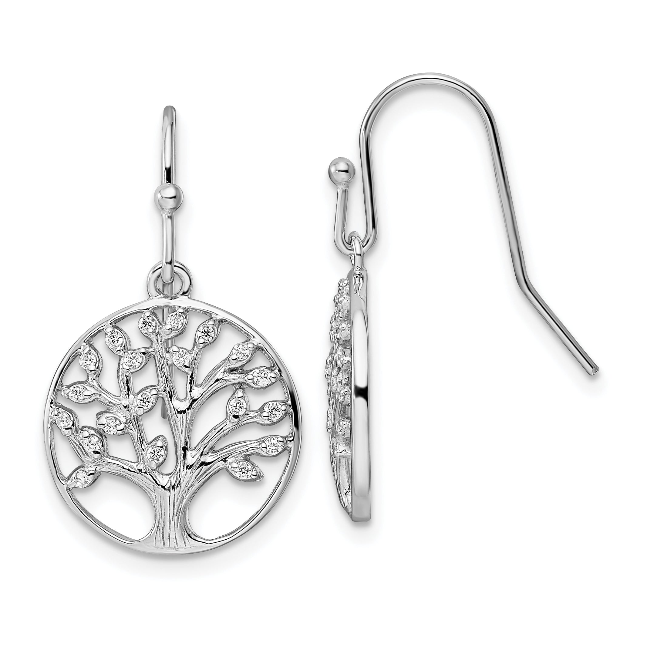 Sterling Silver Rhodium-plated Dangle Polished CZ Tree of Life Earrings Main image