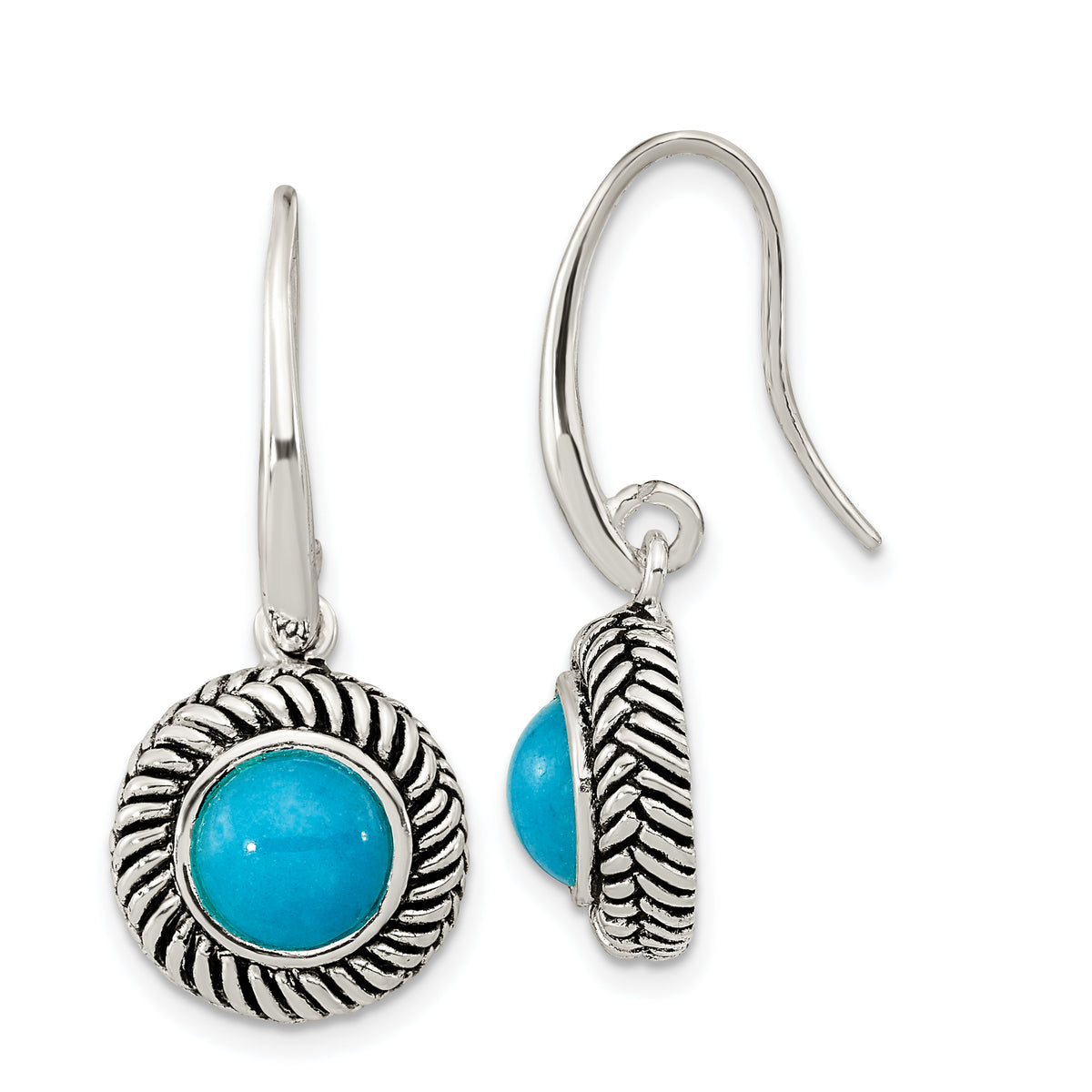 Sterling Silver Polished & Antiqued Imitation Turquoise Dangle Earrings