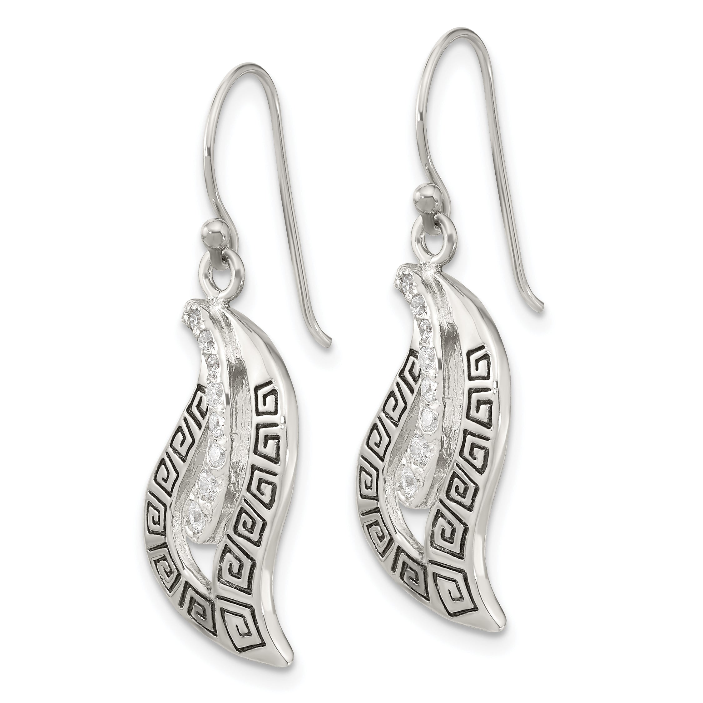 Sterling Silver Antiqued CZ Greek Key Leaf Shepherd Hook Earrings Secondary image