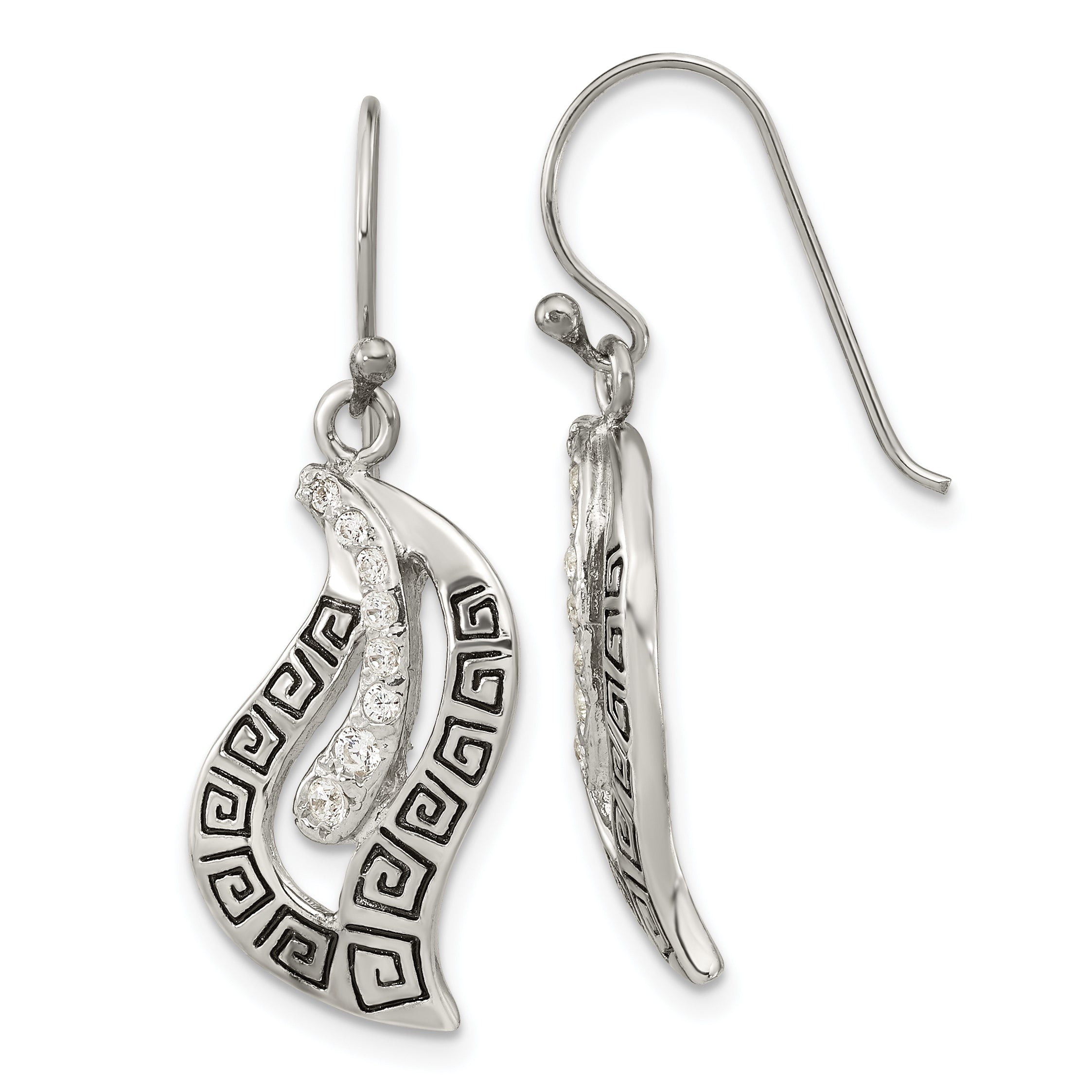 Sterling Silver Antiqued CZ Greek Key Leaf Shepherd Hook Earrings Main image