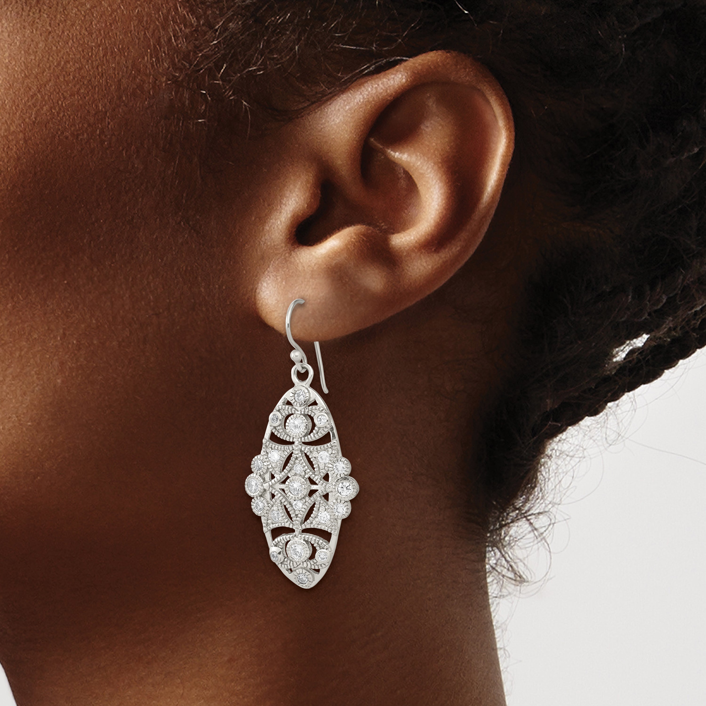 Sterling Silver Polished Fancy CZ Dangle Shephard Hook Earrings