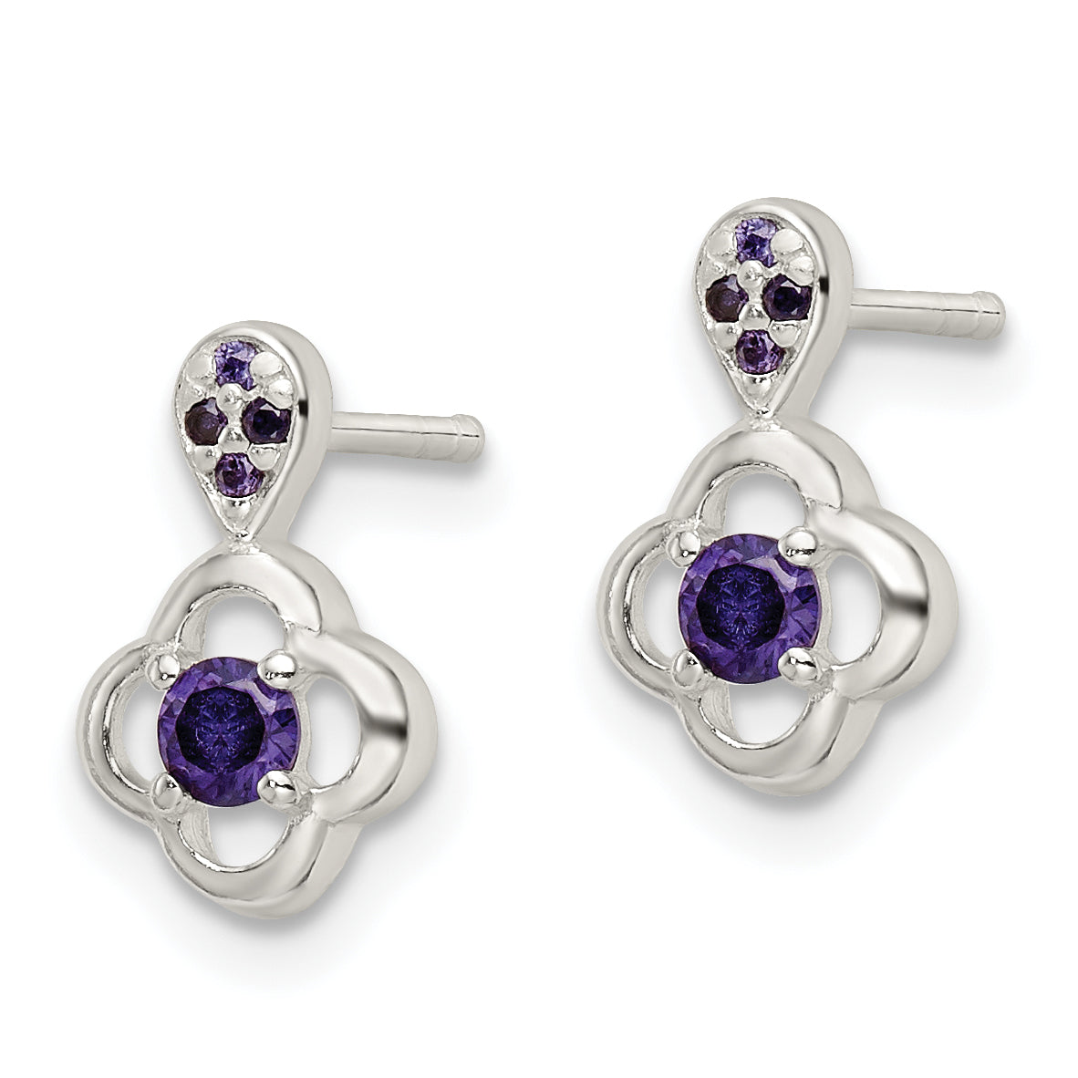 Sterling Silver Polished Purple CZ Flower Post Dangle Earrings Secondary image