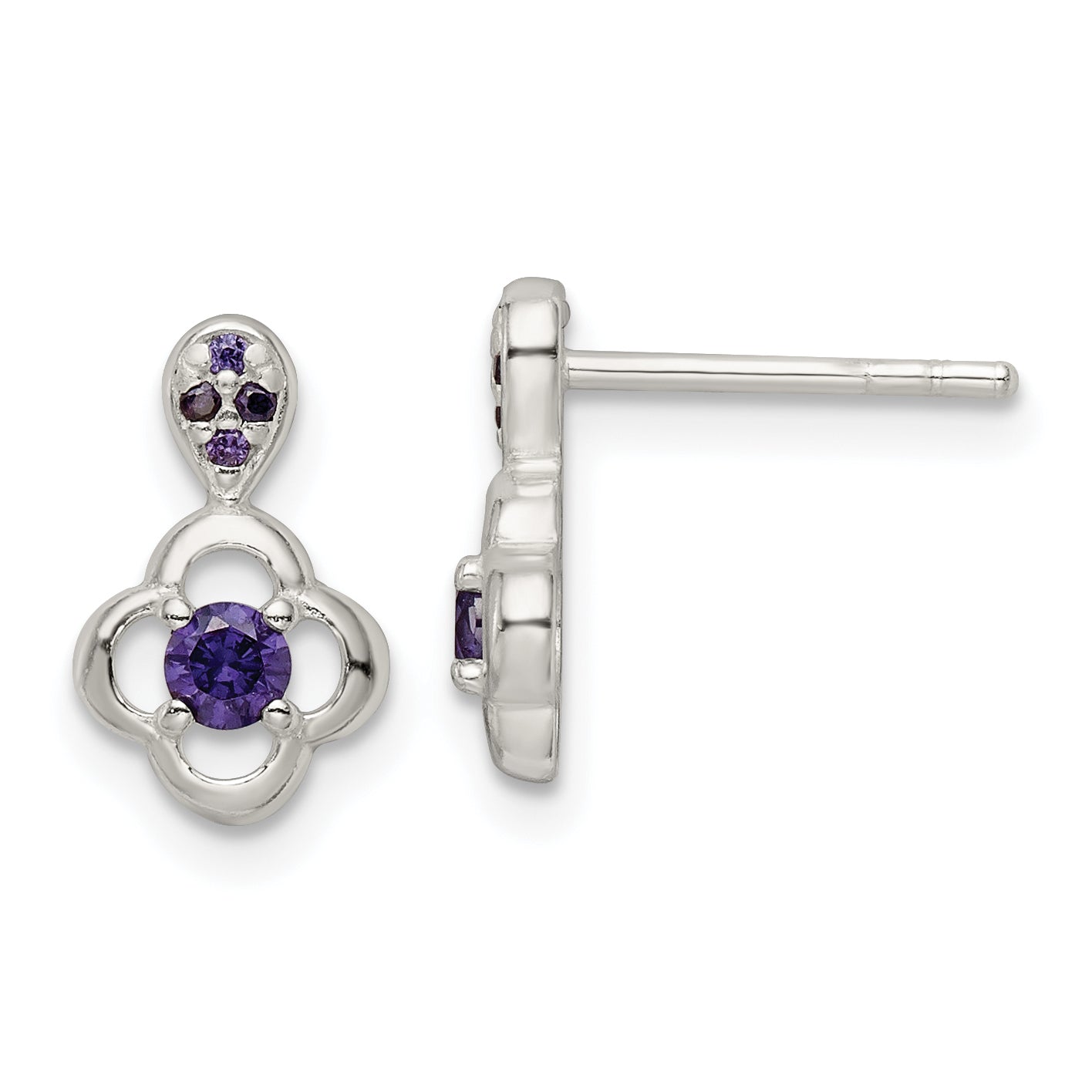 Sterling Silver Polished Purple CZ Flower Post Dangle Earrings Main image