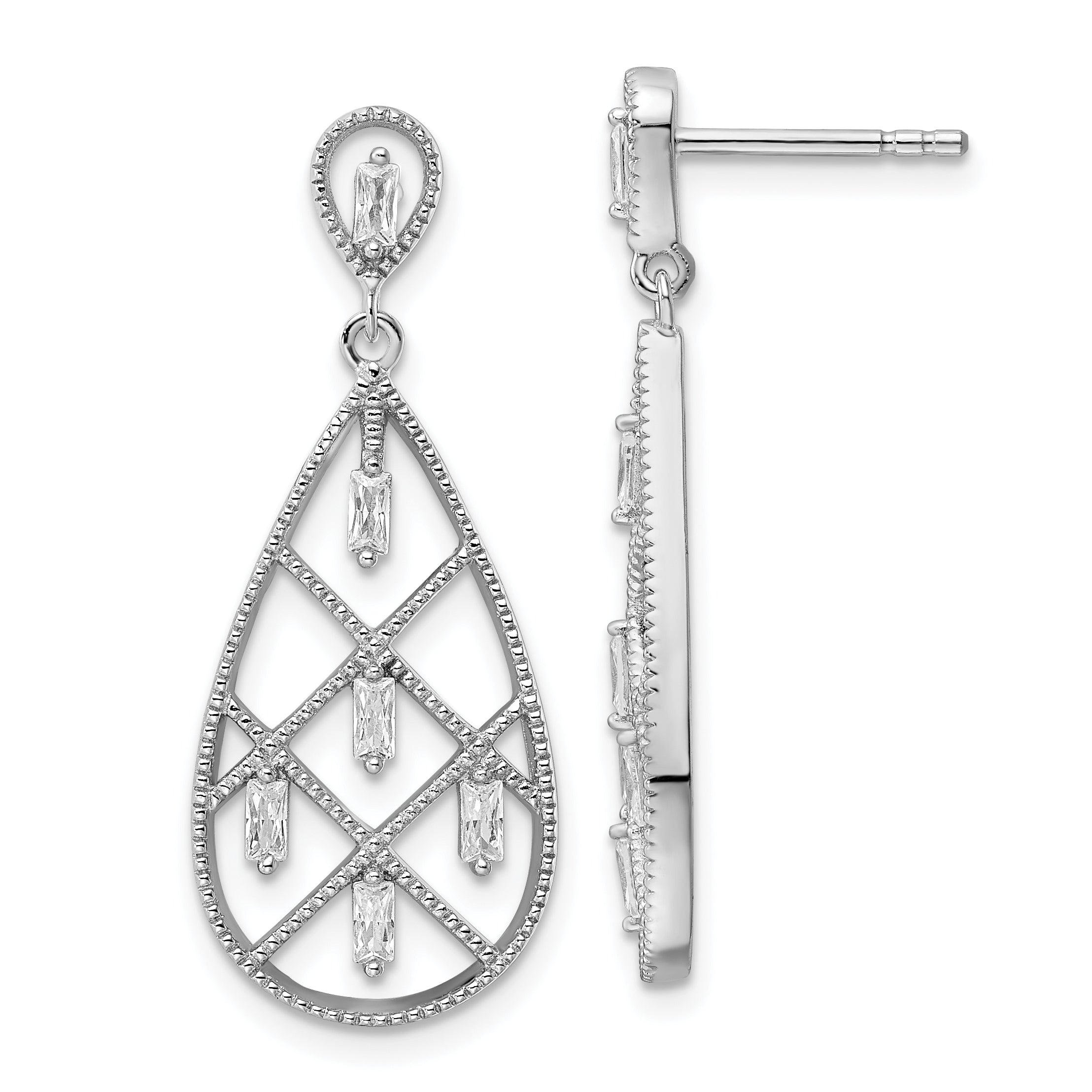 Sterling Silver Rhodium-plated Baguette CZ Teardrop Post Earrings Main image