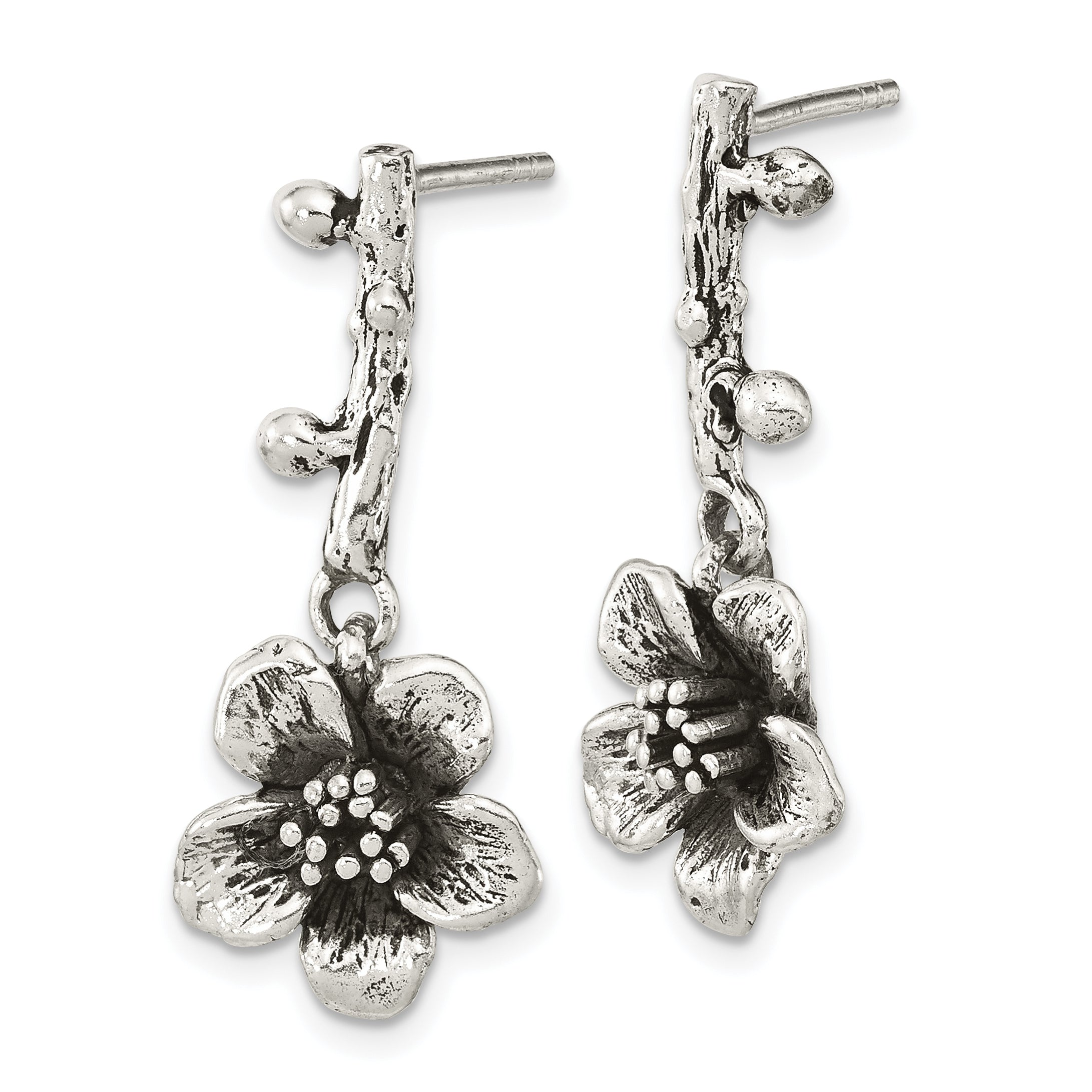 Sterling Silver Oxidized Flower w/Branch Dangle Post Earrings Secondary image