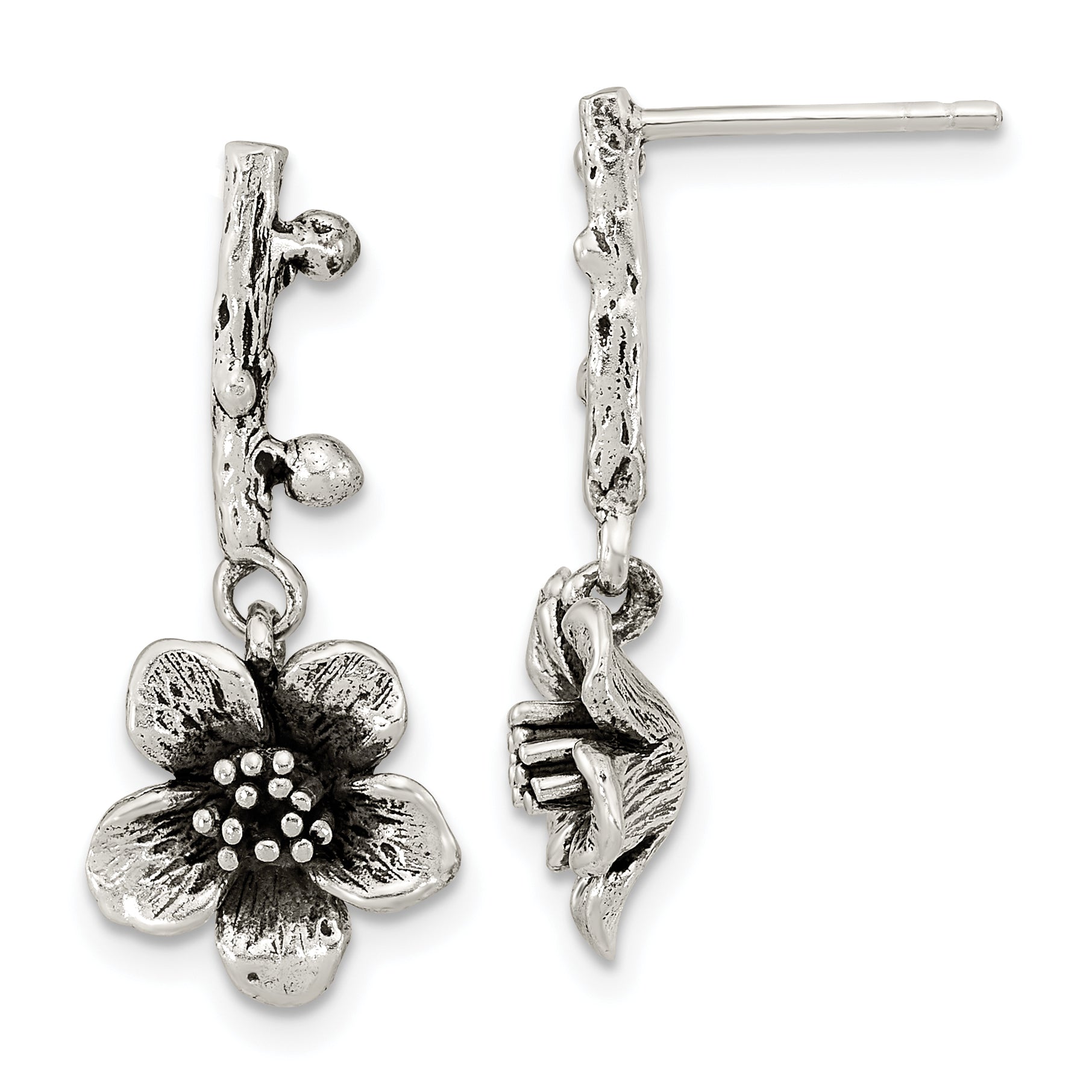 Sterling Silver Oxidized Flower w/Branch Dangle Post Earrings Main image