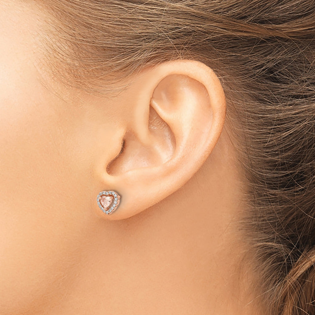 Sterling Silver Rose-tone Polished Pink & White CZ Heart Post Earrings