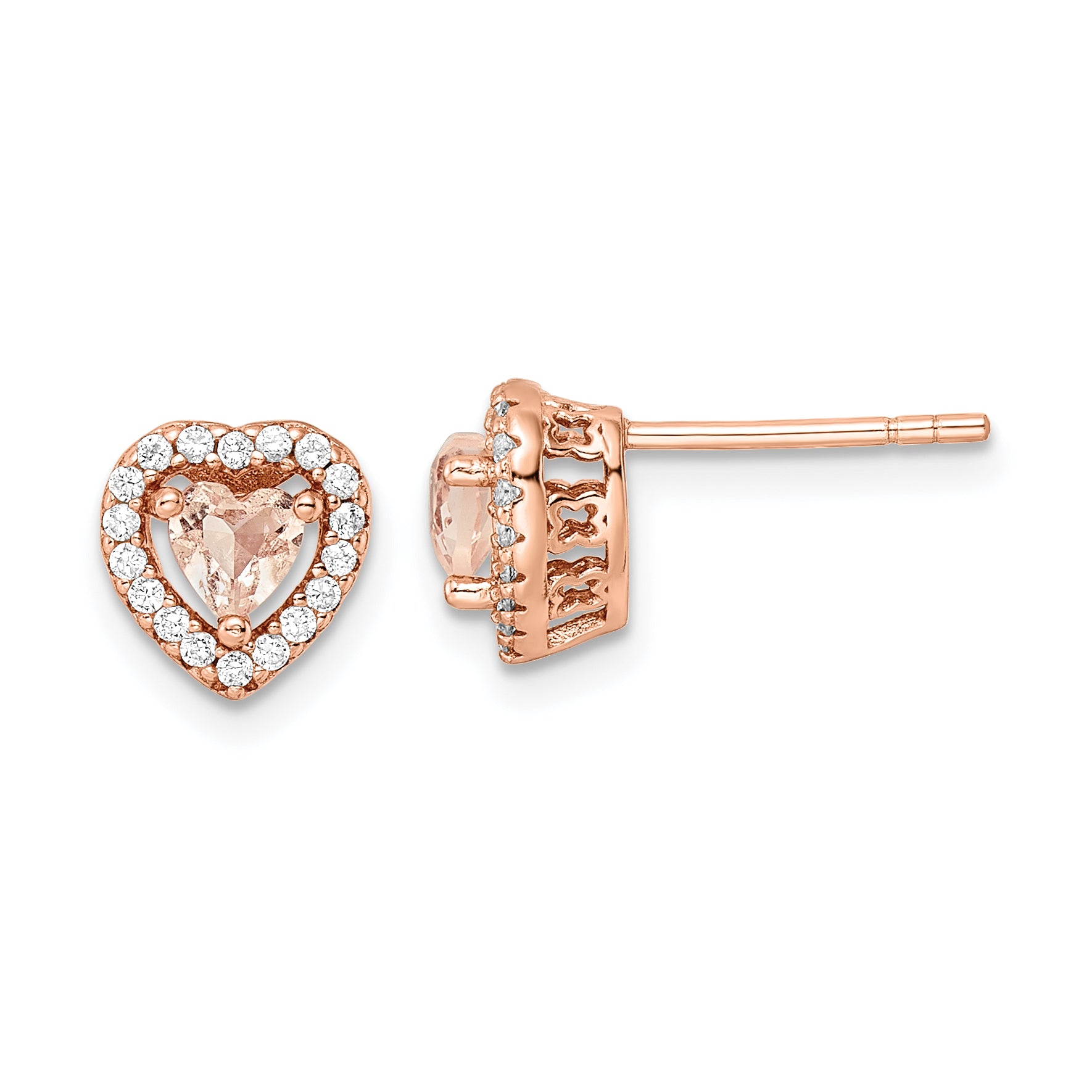 Sterling Silver Rose-tone Polished Pink & White CZ Heart Post Earrings Main image