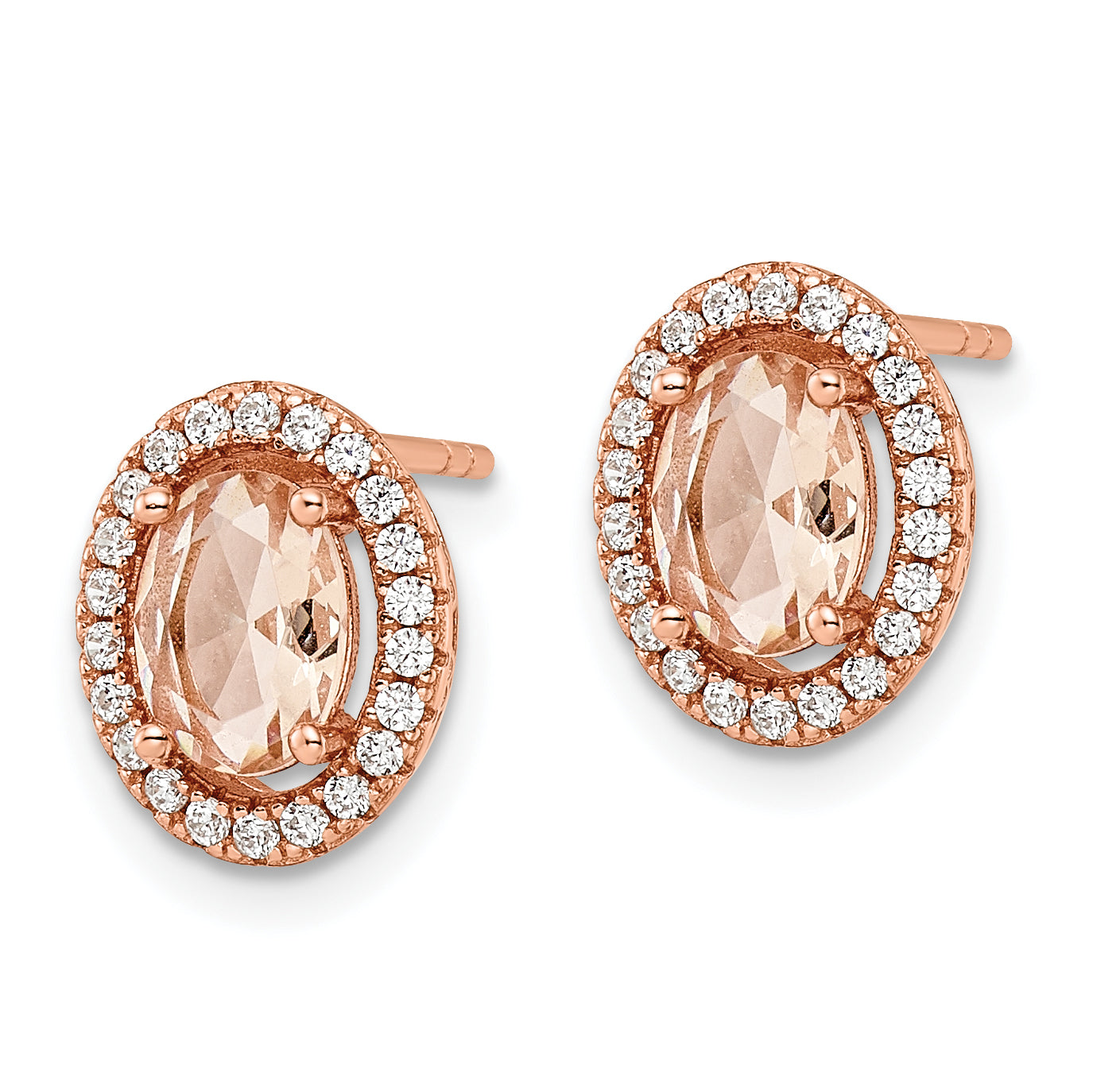 Sterling Silver Rose-tone Polished Pink & White CZ Oval Post Earrings Secondary image