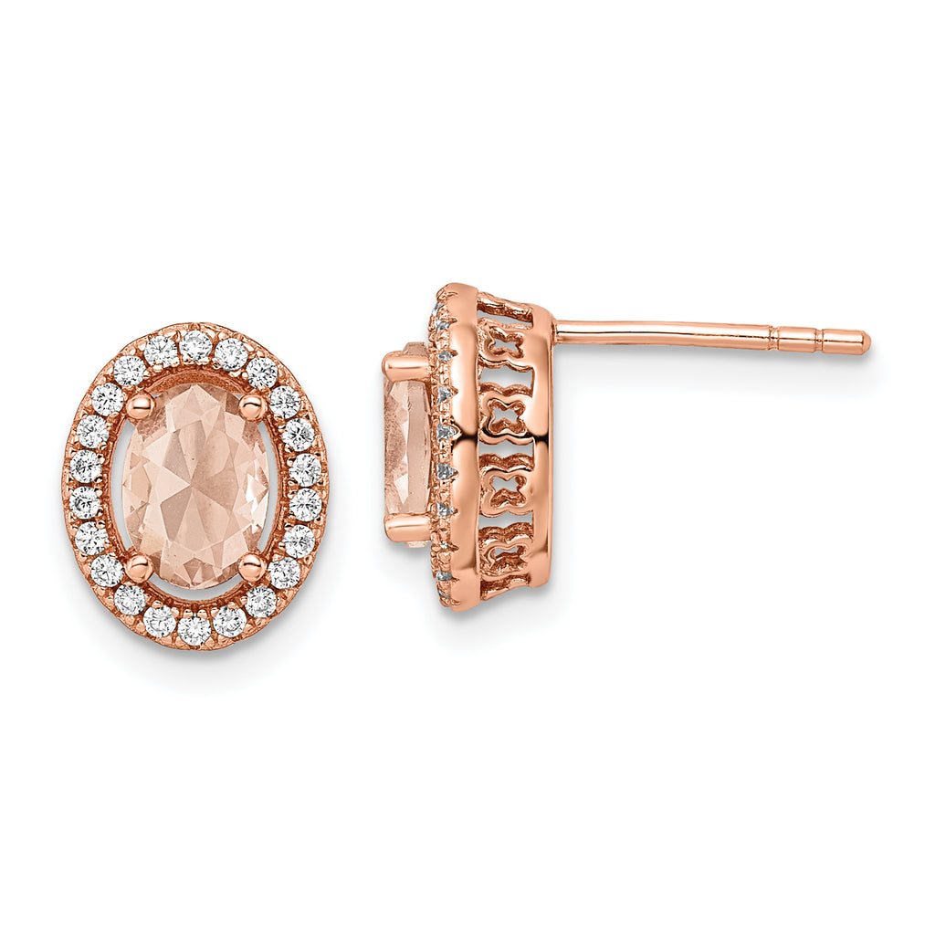 Sterling Silver Rose-tone Polished Pink & White CZ Oval Post Earrings