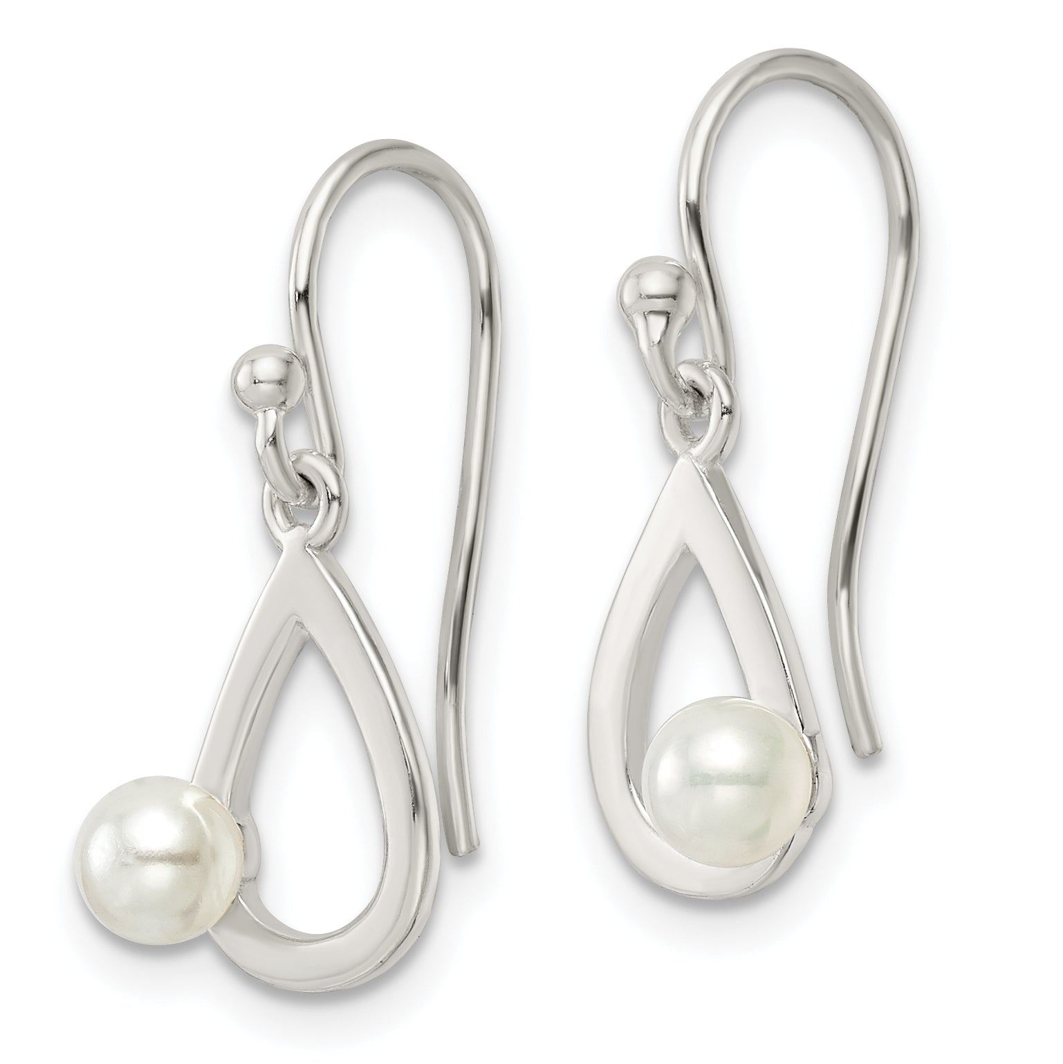 Sterling Silver Polished Teardrop w/ Imitation Pearl Shepherd Hook Earrings
