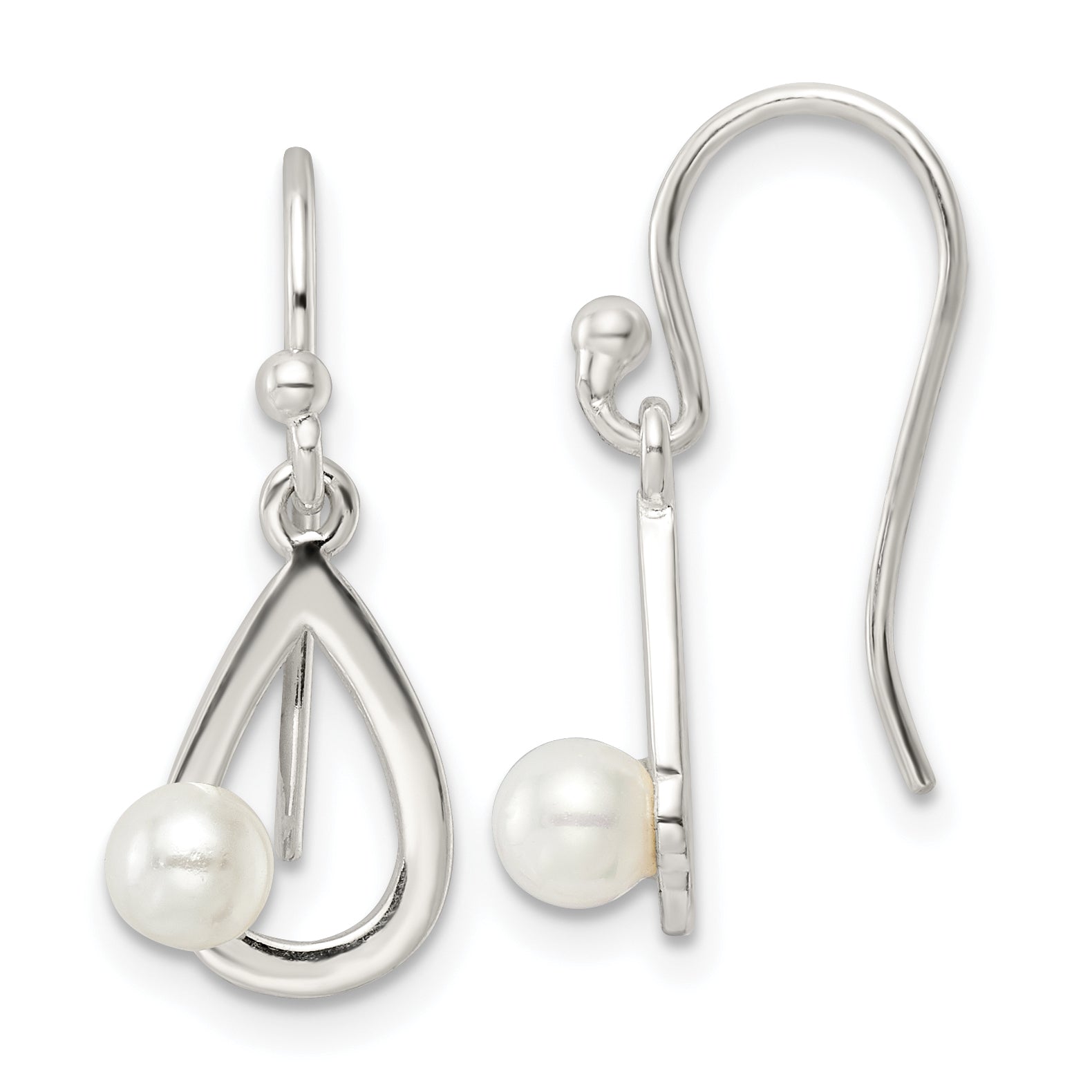 Sterling Silver Polished Teardrop w/ Imitation Pearl Shepherd Hook Earrings Main image