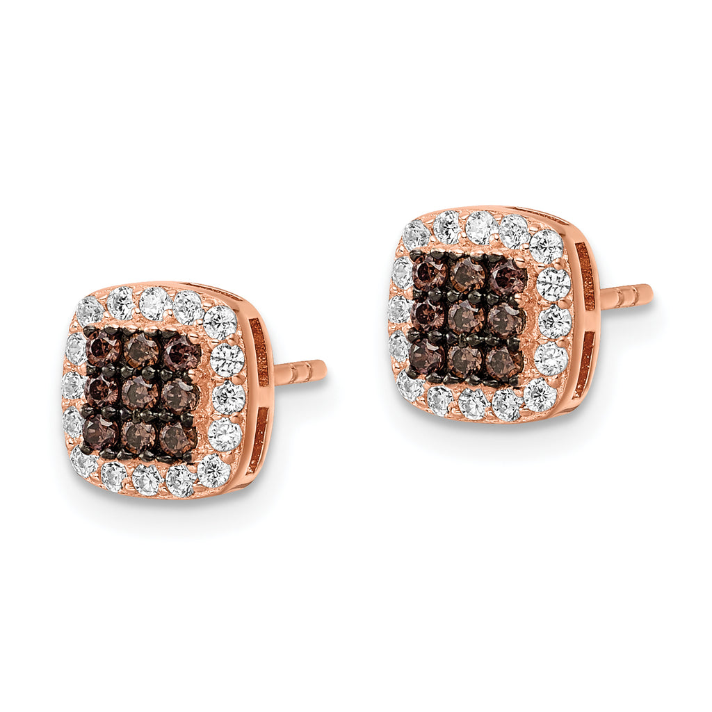Sterling Silver Rose-tone Blk Rhodium-plate Fancy CZ Square Post Earrings