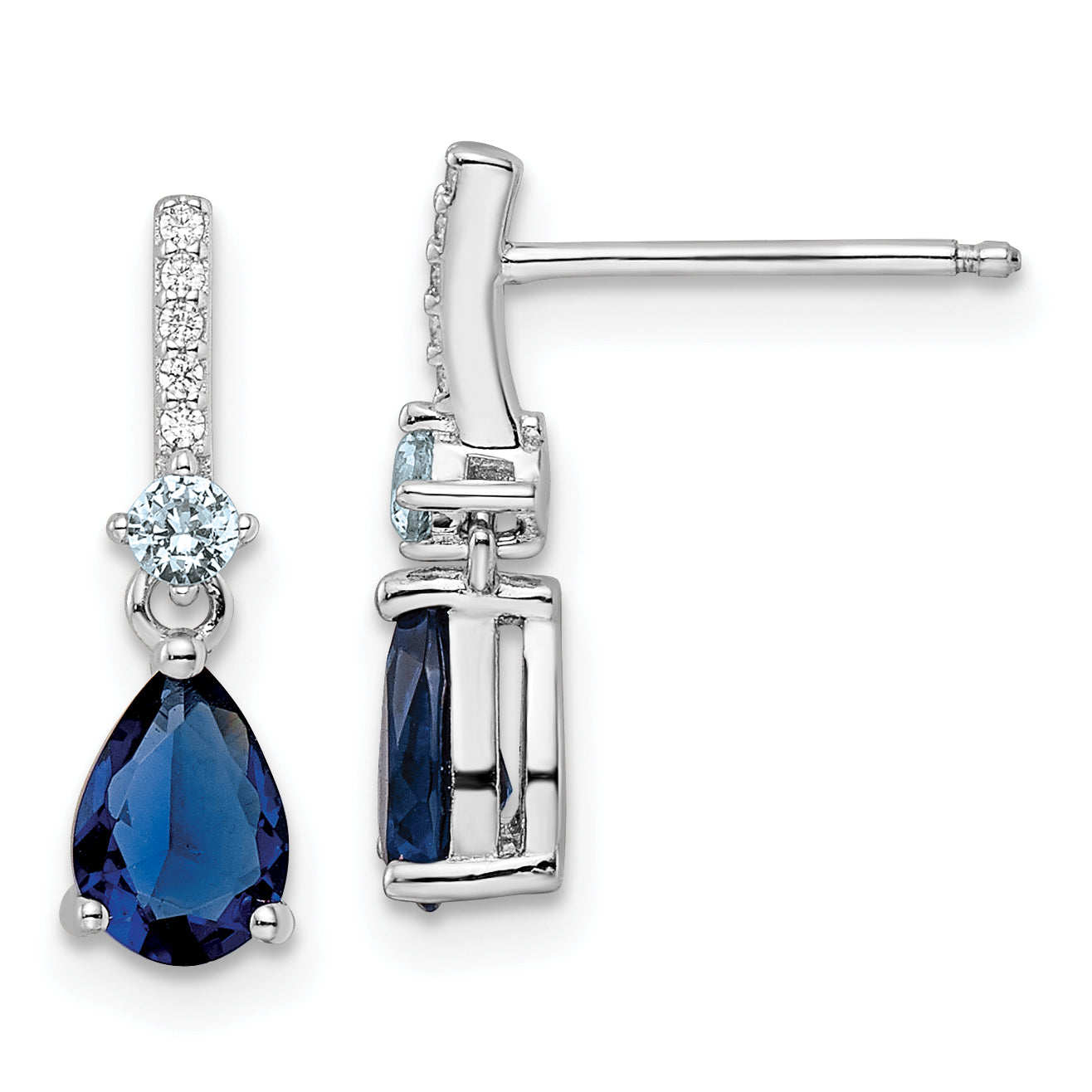 Sterling Silver Rhodium-plated CZ and Blue Glass Post Dangle Earrings Main image