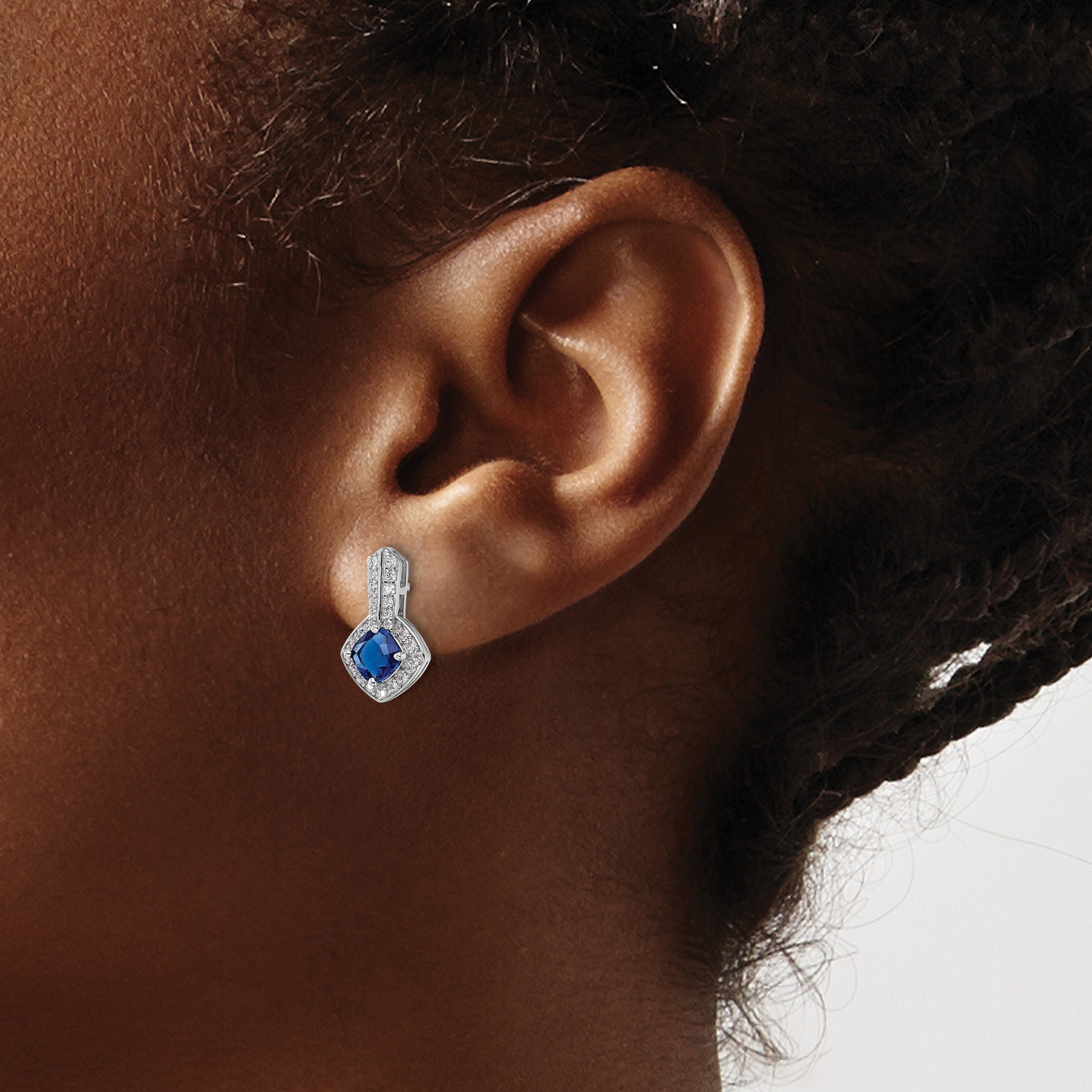 Sterling Silver Rhodium-plated CZ and Blue Glass Post Earrings