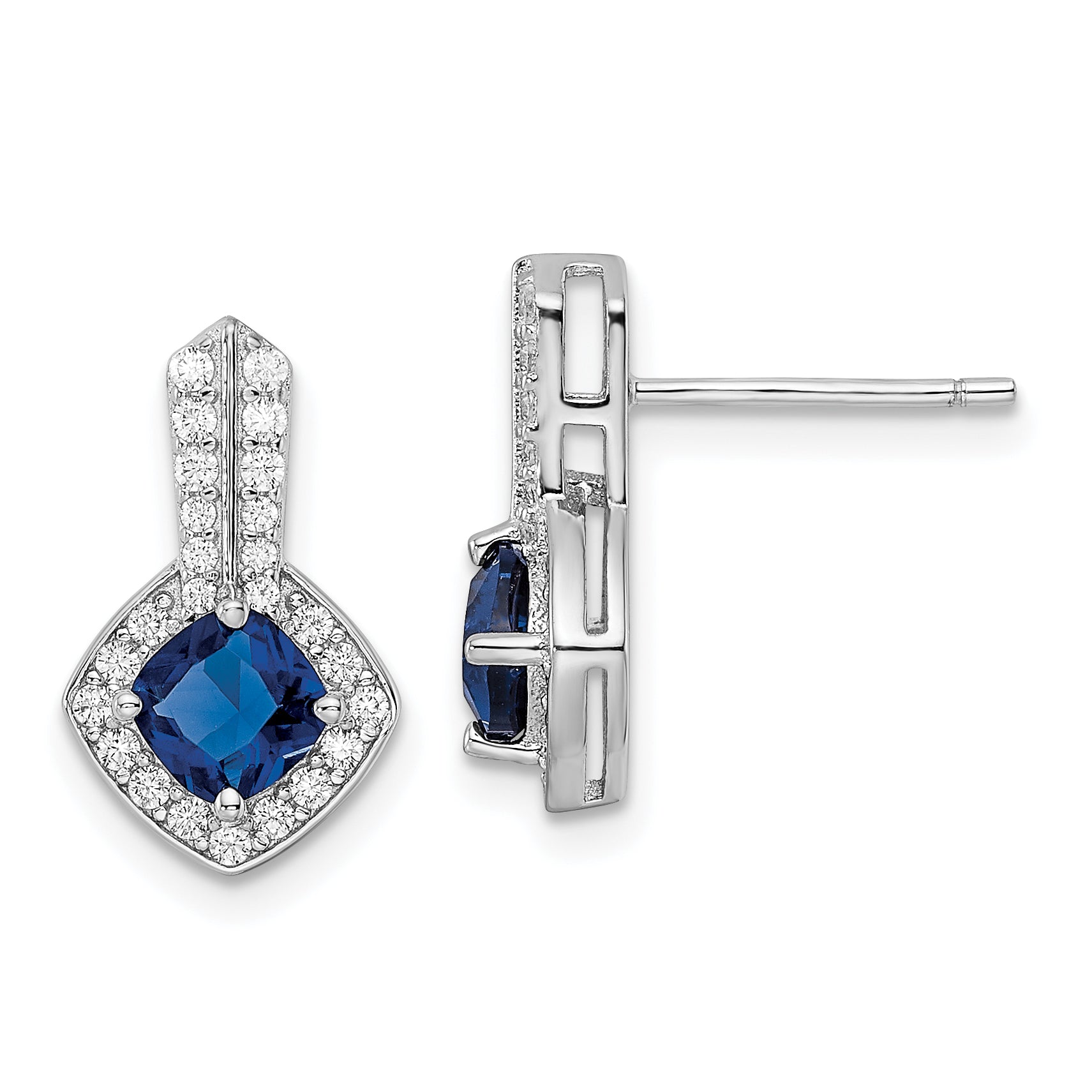 Sterling Silver Rhodium-plated CZ and Blue Glass Post Earrings Main image