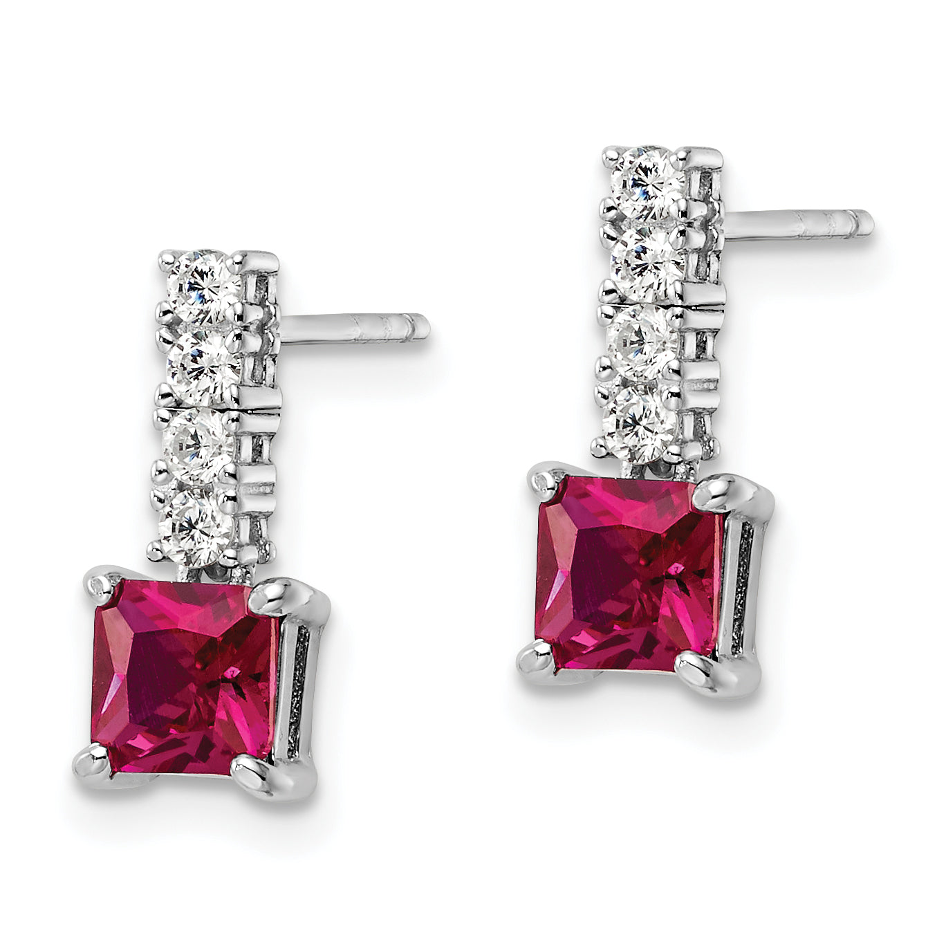 Sterling Silver Rhodium-plated Created Ruby and CZ Post Dangle Earrings Secondary image