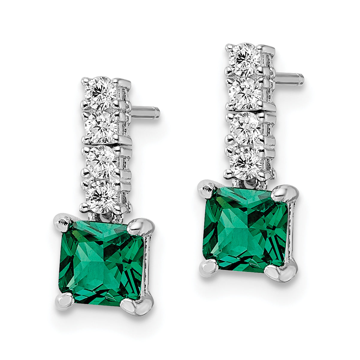 Sterling Silver Polished Rhodium-plated Green/Clear CZ Post Dangle Earrings Secondary image