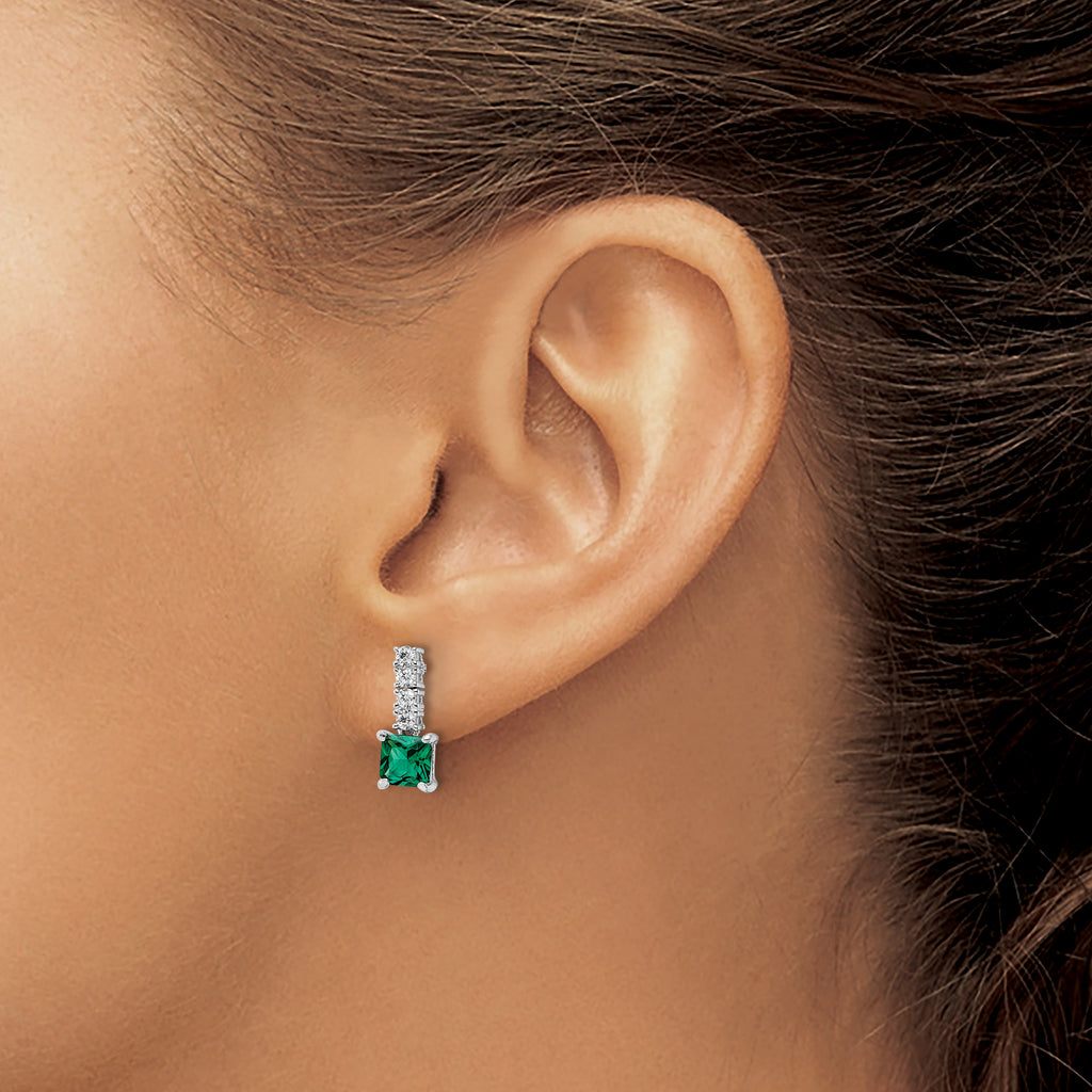 Sterling Silver Polished Rhodium-plated Green/Clear CZ Post Dangle Earrings
