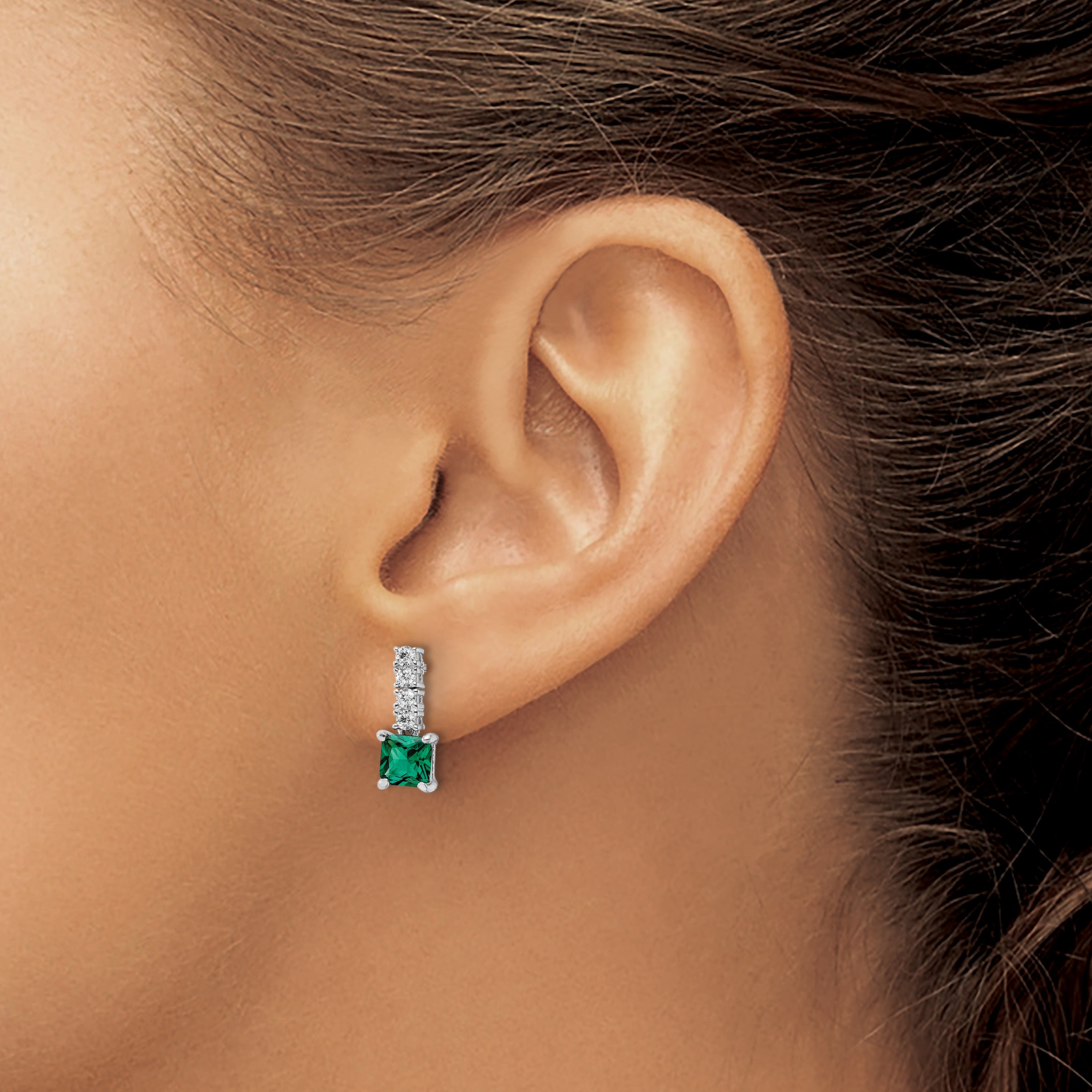 Sterling Silver Polished Rhodium-plated Green/Clear CZ Post Dangle Earrings