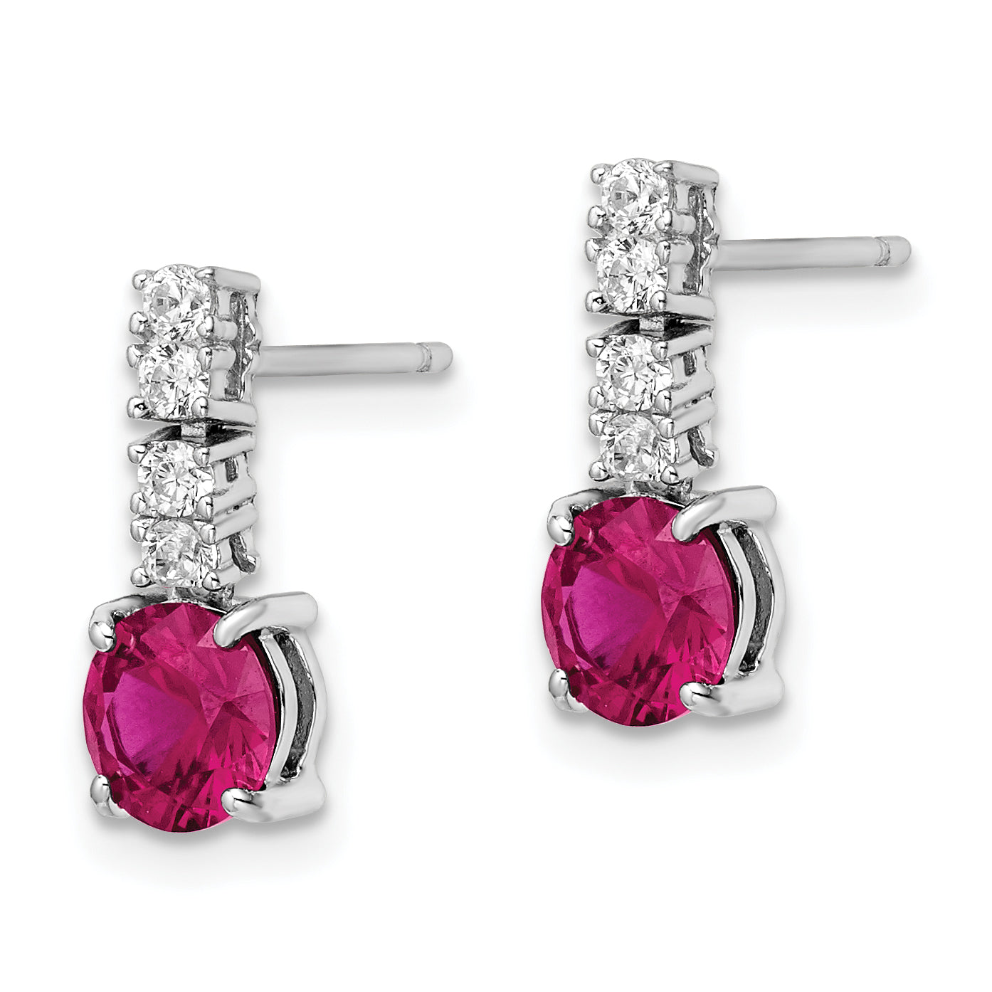 Sterling Silver Rhodium-plated Created Ruby and CZ Post Dangle Earrings Secondary image