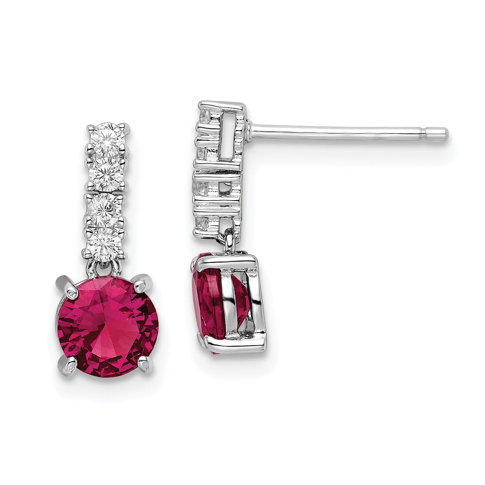 Sterling Silver Rhodium-plated Created Ruby and CZ Post Dangle Earrings Main image