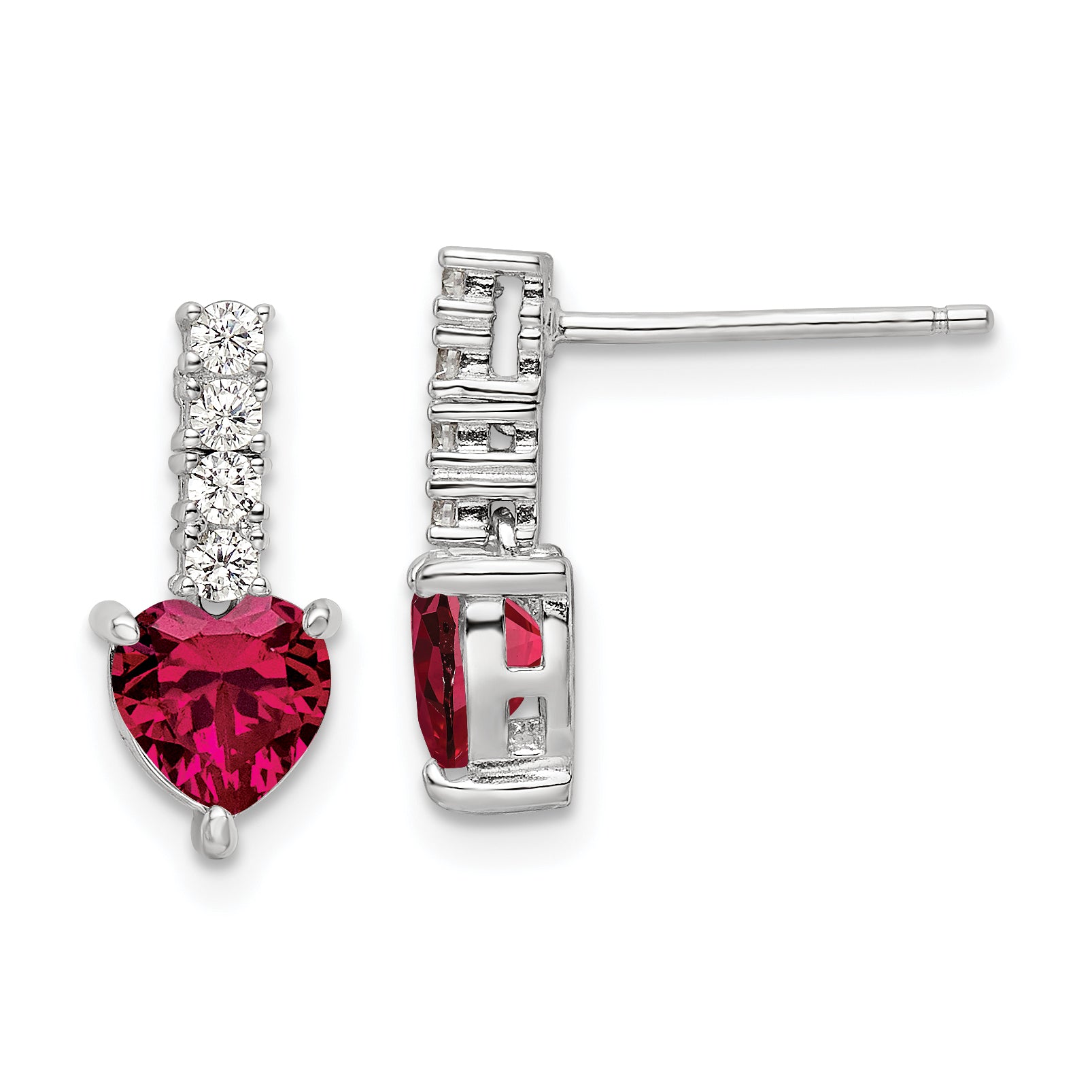 Sterling Silver Polish Rhod-plated Created Ruby Heart Post Dangle Earrings Main image