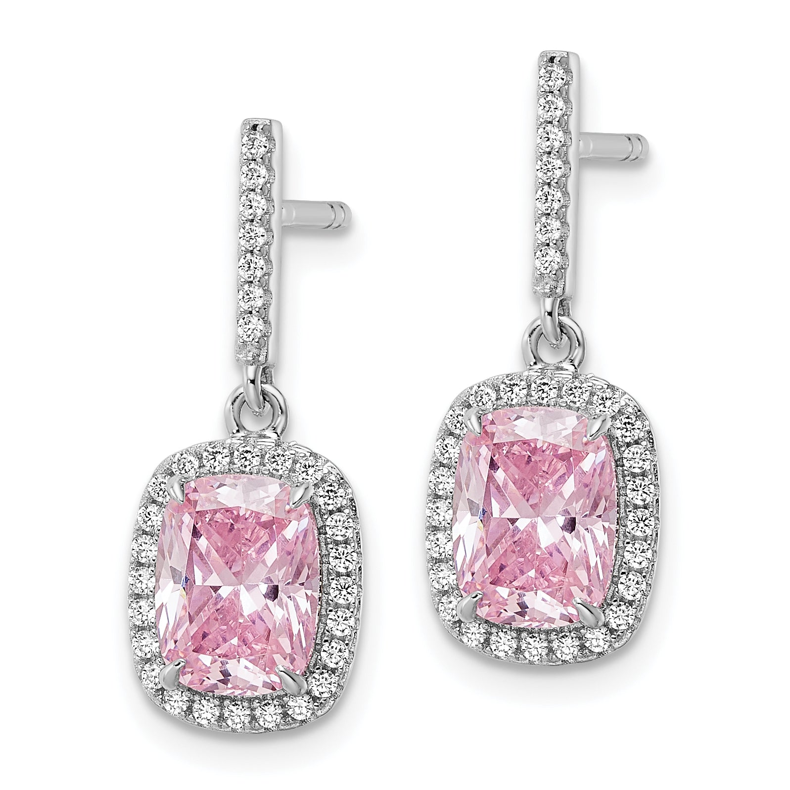 Sterling Silver Rhodium-plated Pink & White CZ Dangle Post Earrings Secondary image