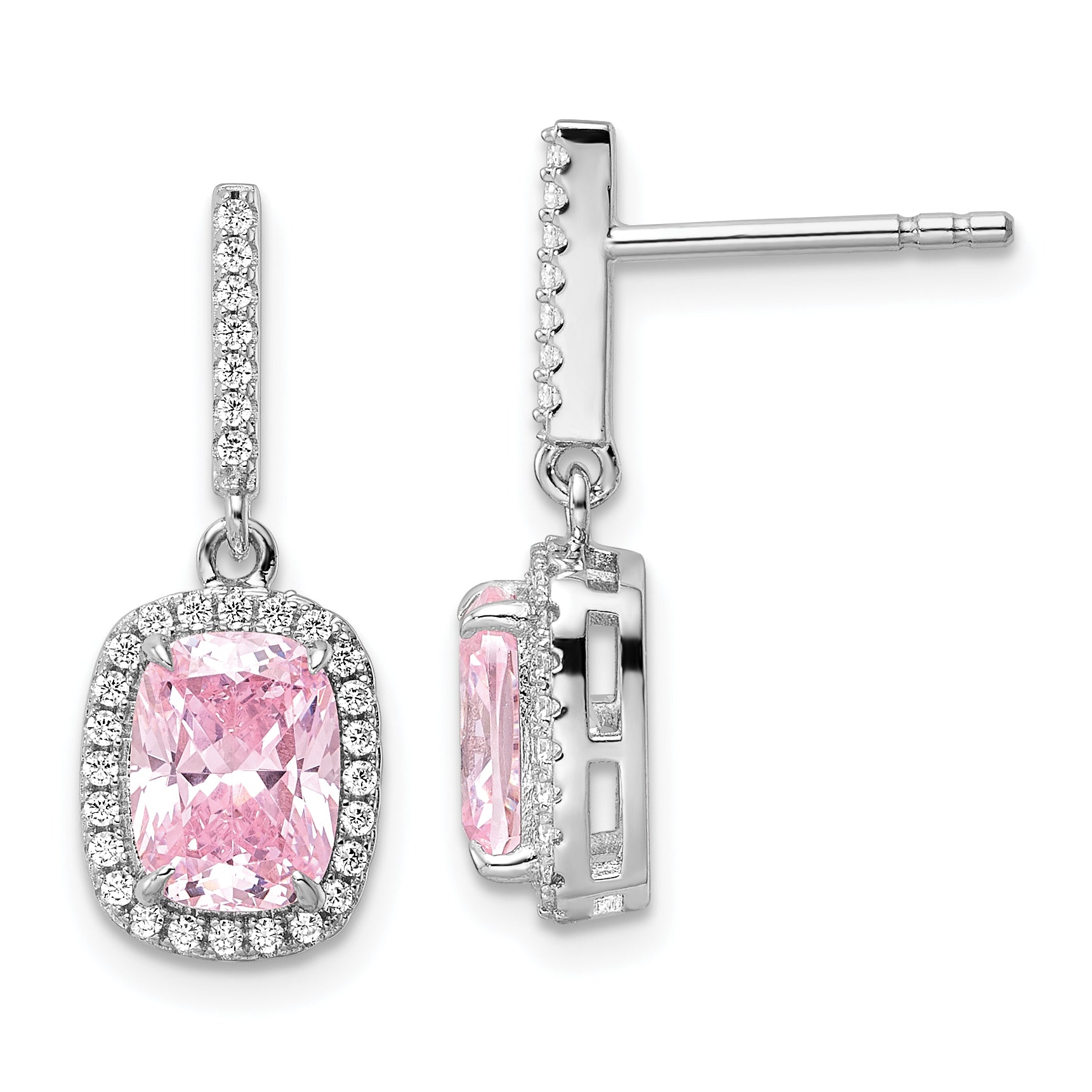 Sterling Silver Rhodium-plated Pink & White CZ Dangle Post Earrings Main image