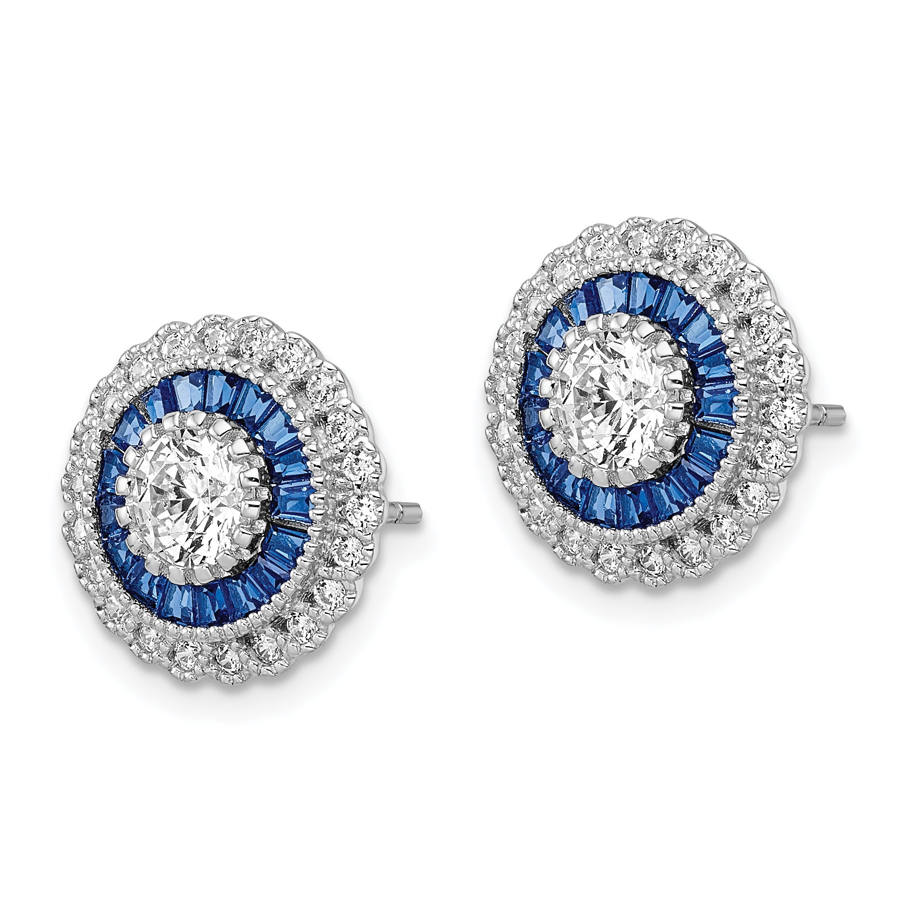 Sterling Silver Rhodium-plated Polished Blue & White CZ Round Post Earrings Secondary image